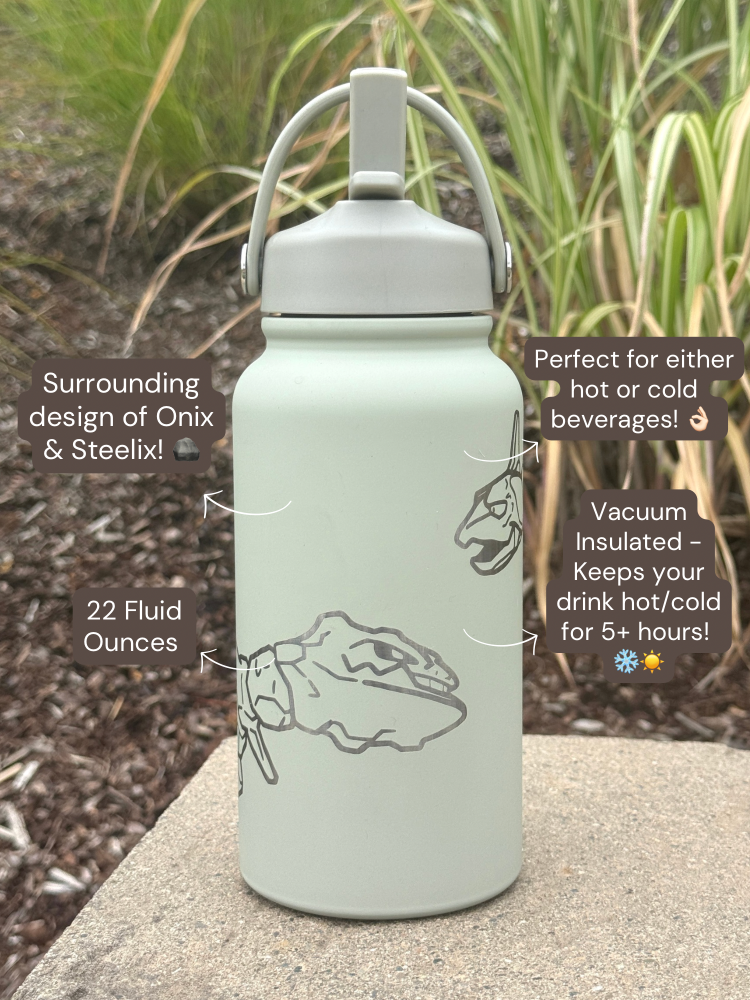 Onix Steelix Water Bottle Engraved Coffee Tumbler Surrounding Design Waterbottle, Rock Steel Thermos Anime Fan Birthday Gift