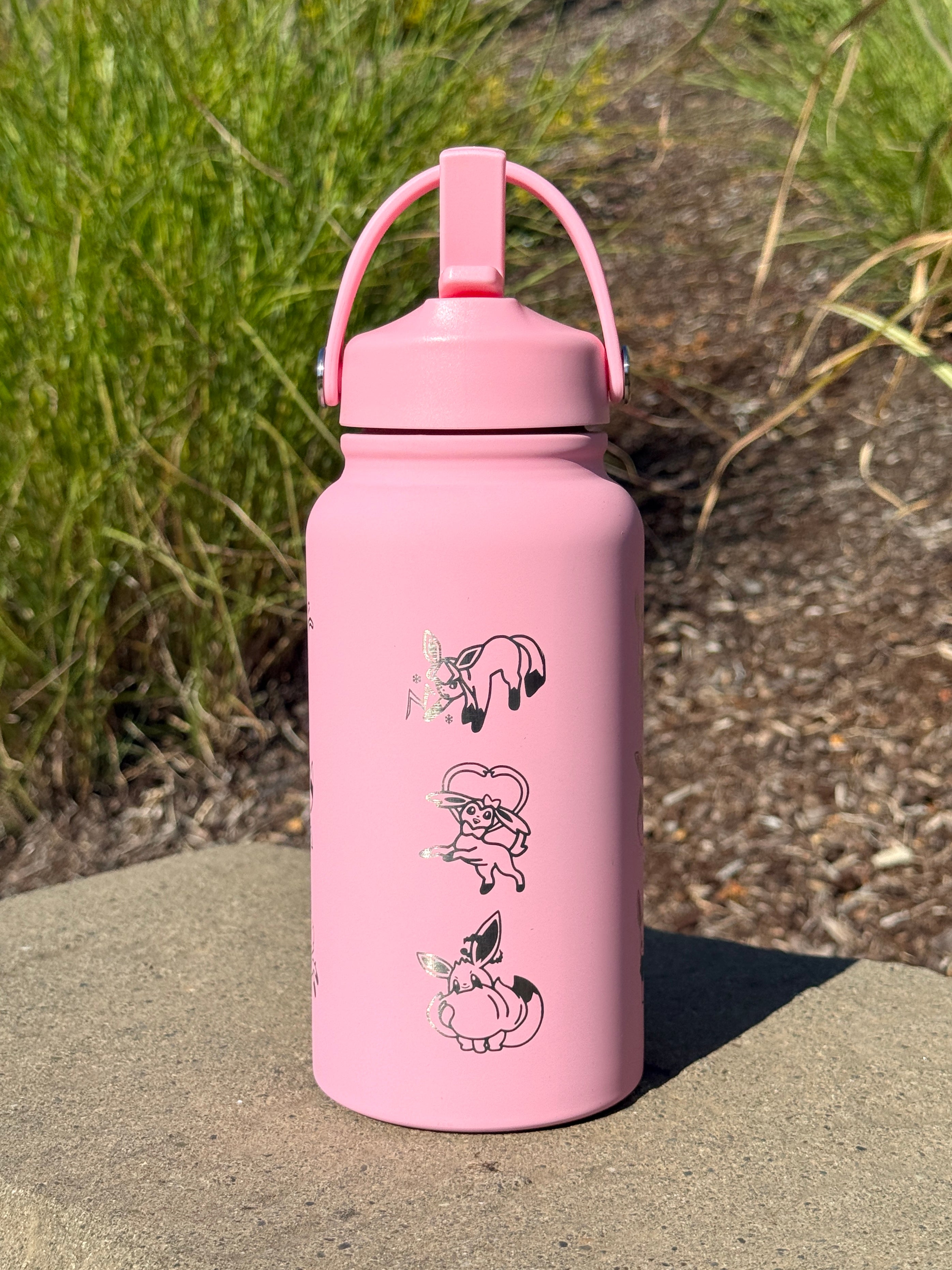 Eevee Evolutions Eeveelutions Pink Water Bottle Engraved Waterbottle Espeon Umbreon Leafeon Glaceon Sylveon Coffee Tumbler Thermos, Gamer Anniversary Gift