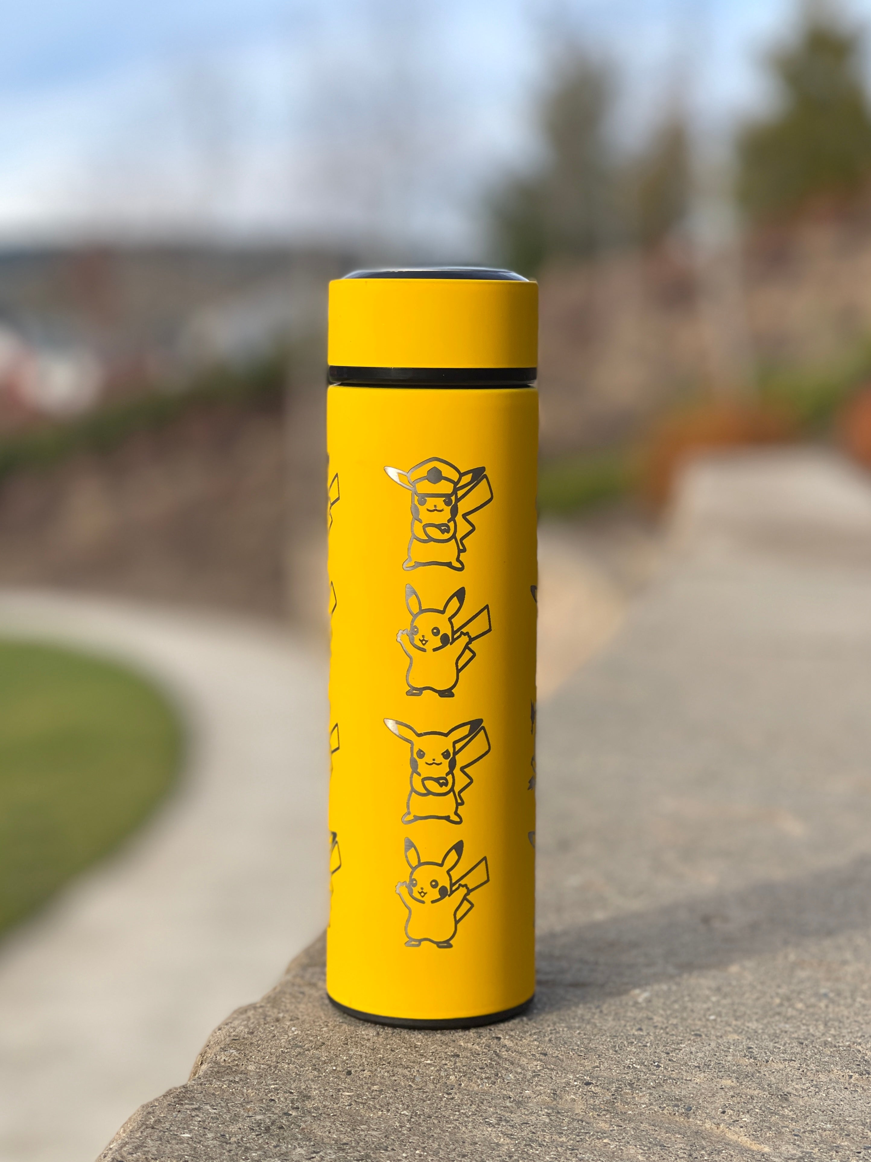 Pikachu Coffee Tumbler Tea Infuser with Captain & Detective Pikachu Volt Tackle, Engraved Water Bottle Travel Mug, Anime Fan Gift