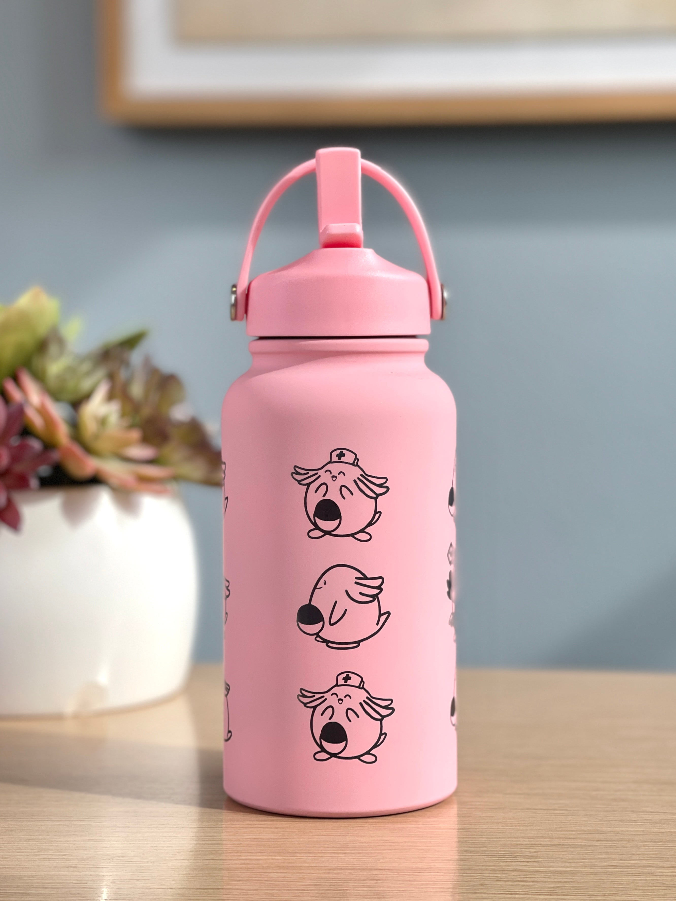 Chansey Blissey Water Bottle Engraved Waterbottle with Nurse & Sad Chansey, Cute Tumbler Thermos Flask, Gamer Anniversary Gift