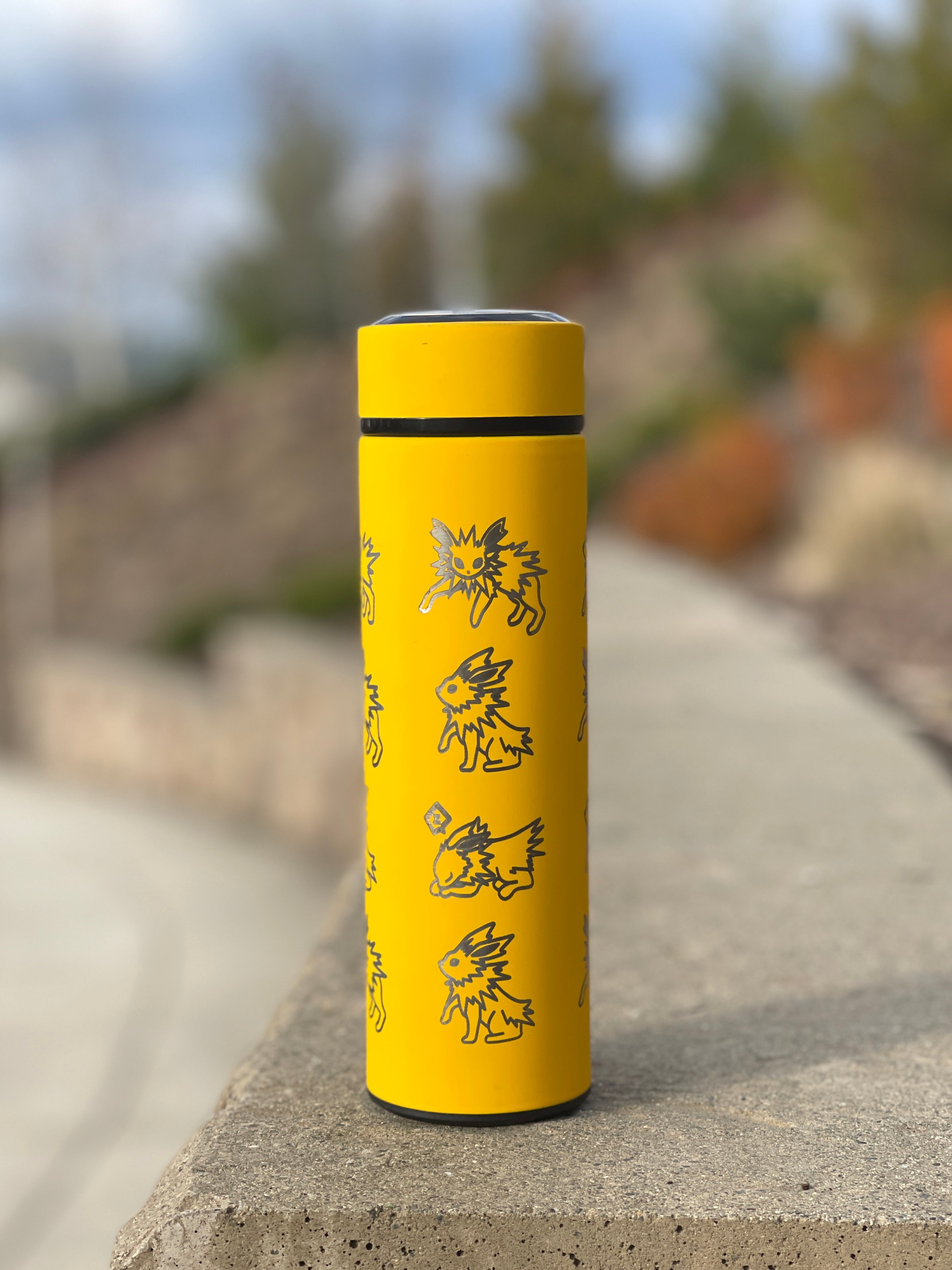 Jolteon Coffee Tumbler Tea Infuser with Sleeping Jolteon & Flower Crown, Engraved Waterbottle Electric Eevee Evolution Thermos, Anime Gift