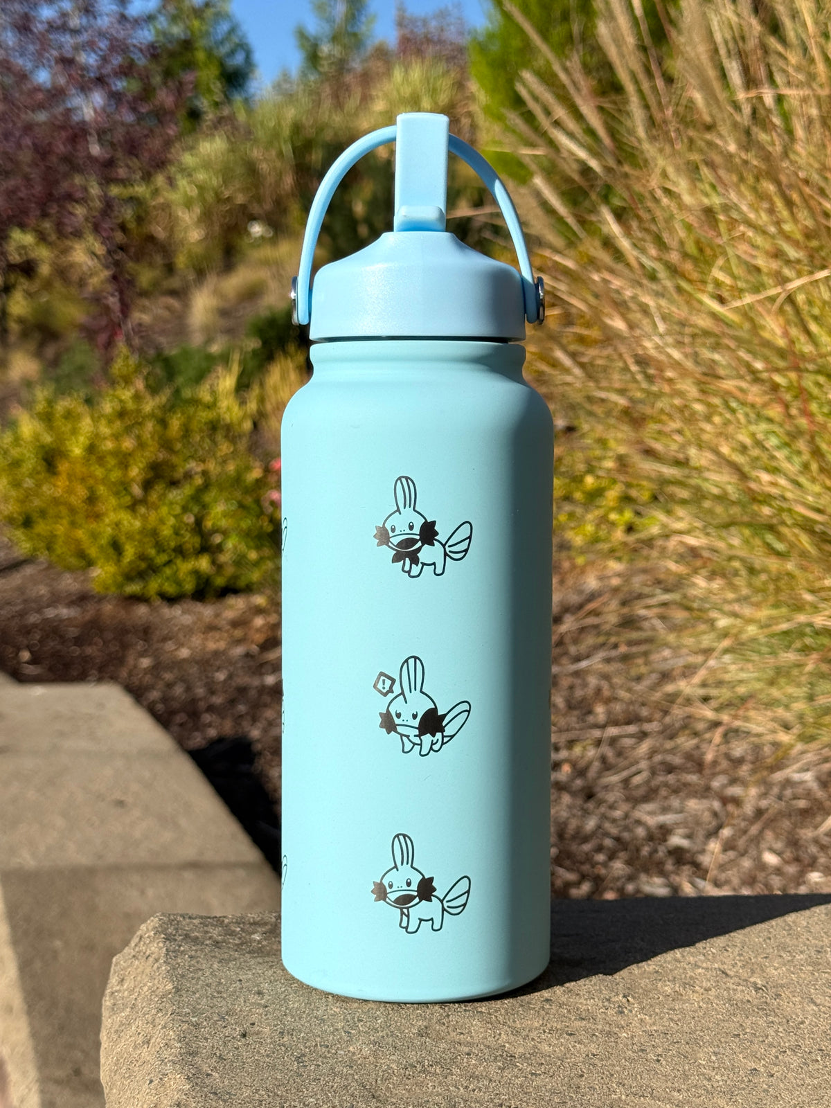 Mudkip Water Bottle Engraved Coffee Tumbler with Mystery Dungeon Scarf, Hoenn Water Starter Waterbottle Thermos, Cute Anime Birthday Gift