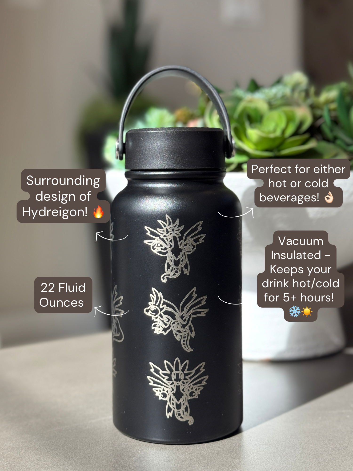 Hydreigon Water Bottle Engraved Waterbottle with Iron Jugulis & Deino Coffee Tumbler Thermos Flask, Dragon Gamer Anniversary Gift