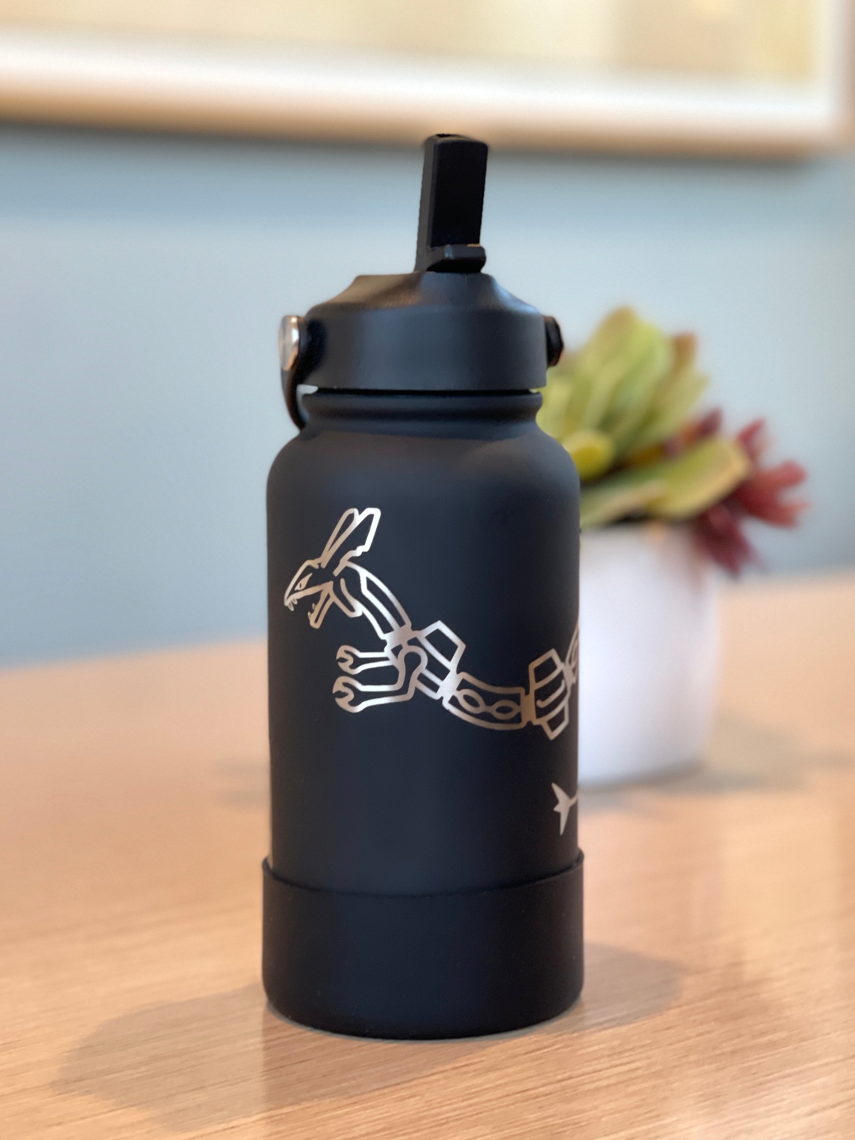 Shiny Rayquaza & Mega Rayquaza Water Bottle Engraved Waterbottle Black Rayquaza Dragon Legendary Coffee Tumbler Thermos, Gamer Anniversary Gift