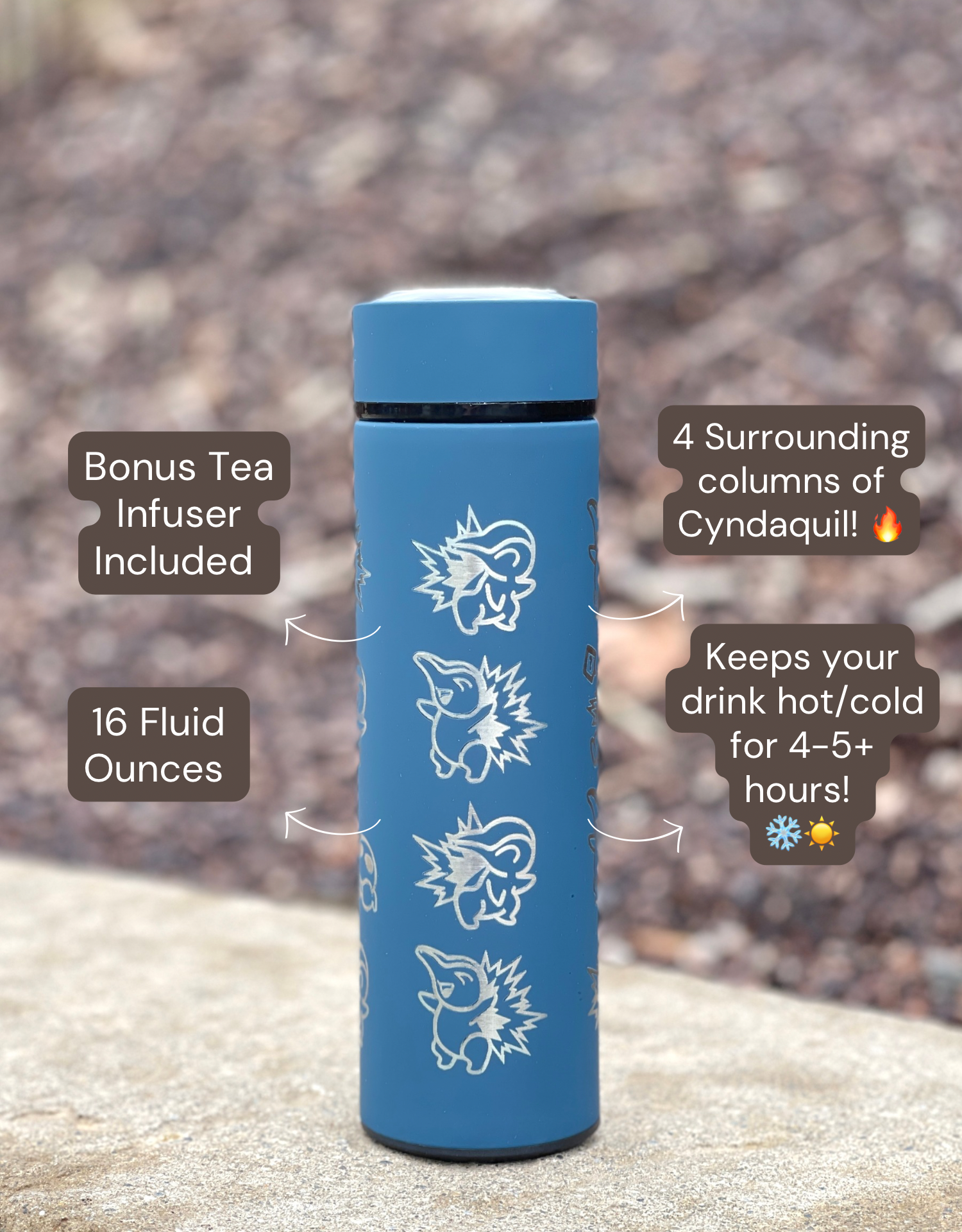 Cyndaquil Coffee Tumbler Tea Infuser Bottle with Mystery Dungeon Scarf & Sleeping Cyndaquil, Johto Fire Starter Water Bottle Travel Mug, Gamer Gift