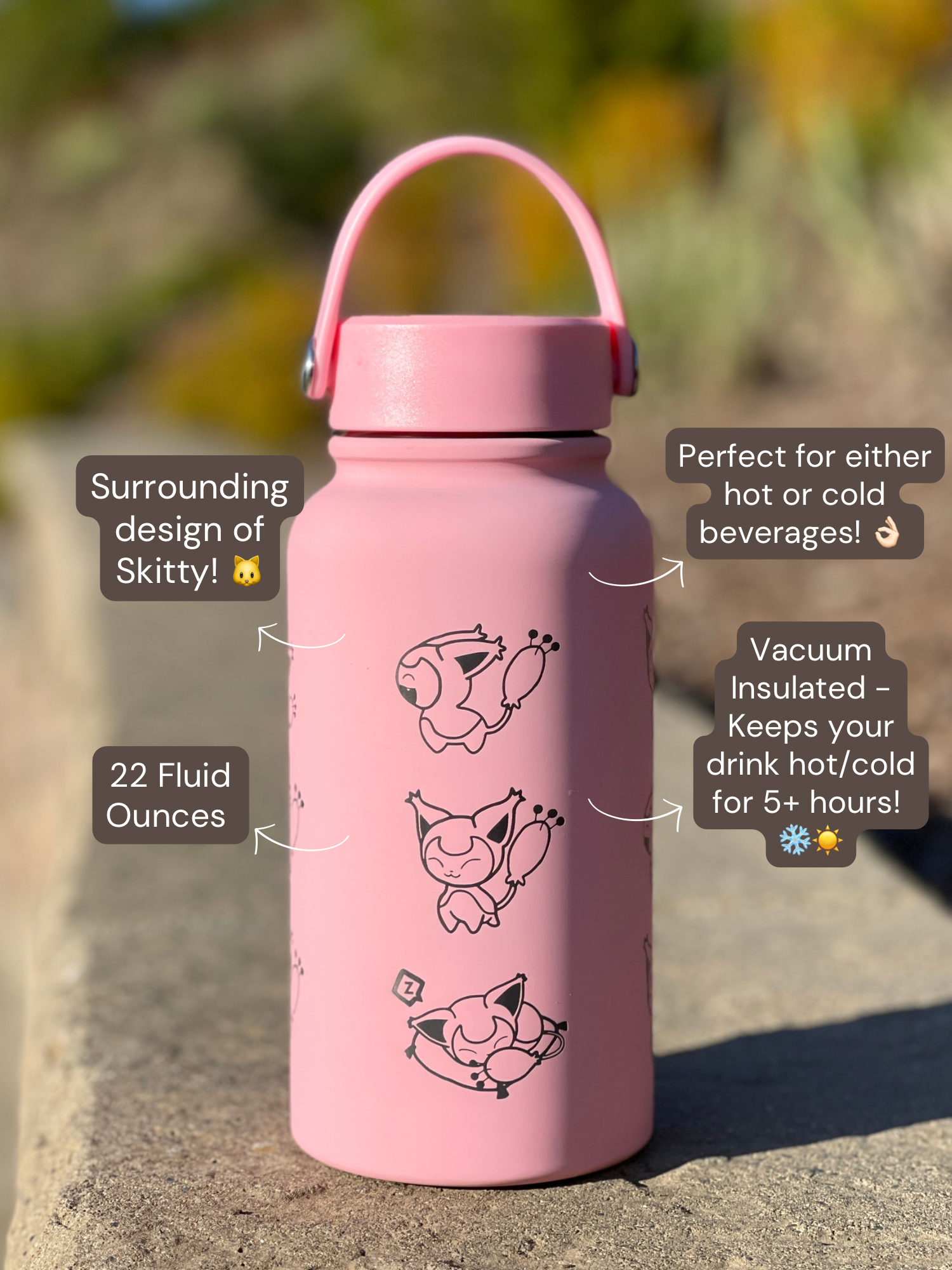 Skitty Water Bottle Engraved Waterbottle with Knitting & Sleeping Skitty, Cute Cat Coffee Tumbler Thermos Flask, Anime Anniversary Gift