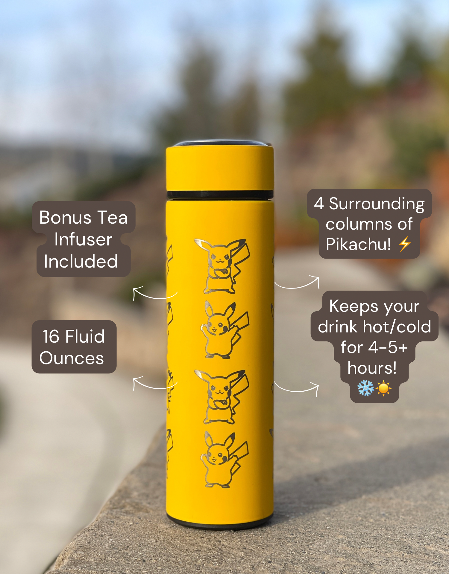 Pikachu Coffee Tumbler Tea Infuser with Captain & Detective Pikachu Volt Tackle, Engraved Water Bottle Travel Mug, Anime Fan Gift