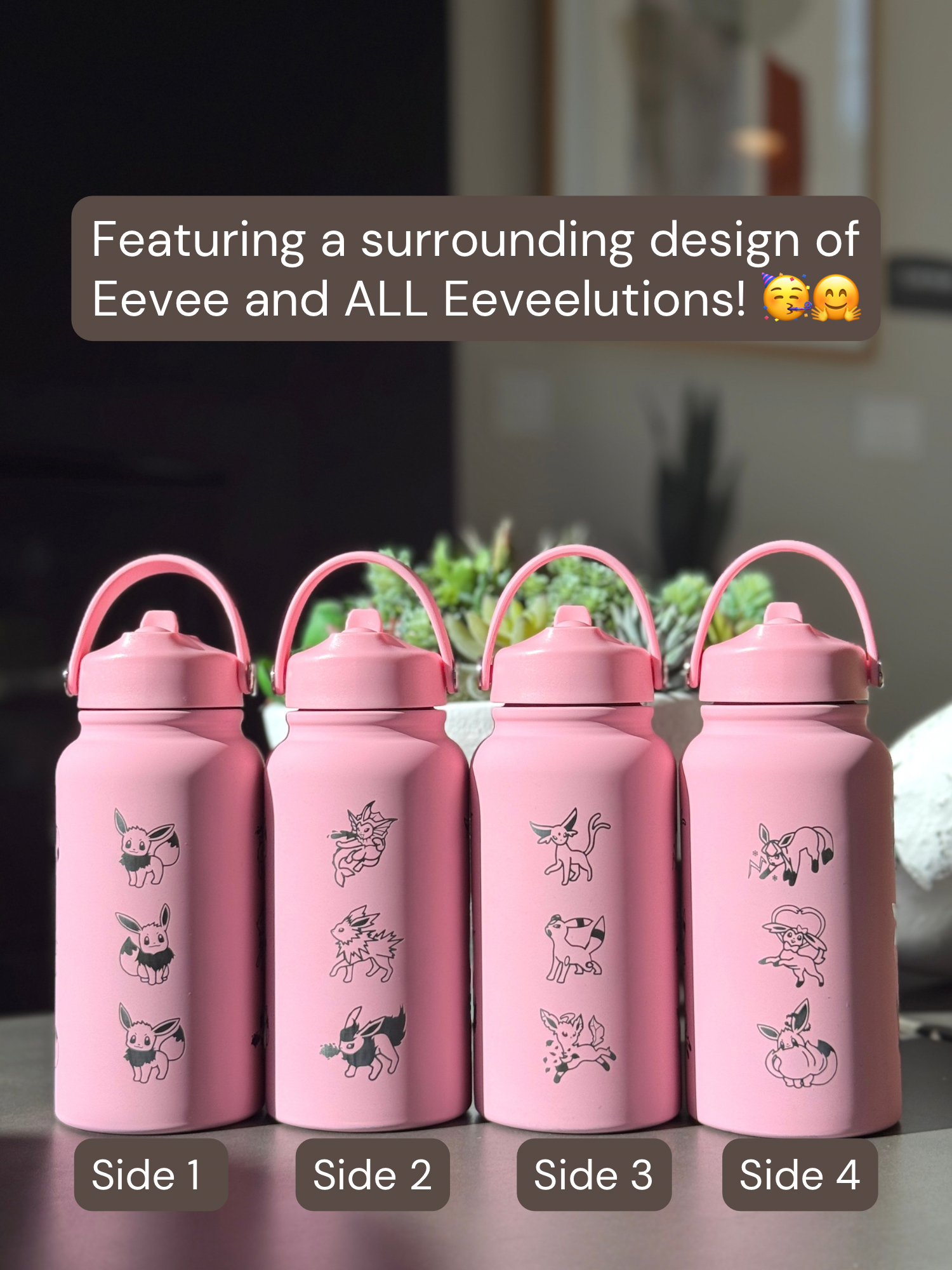 Eevee Evolutions Eeveelutions Pink Water Bottle Engraved Waterbottle Espeon Umbreon Leafeon Glaceon Sylveon Coffee Tumbler Thermos, Gamer Anniversary Gift