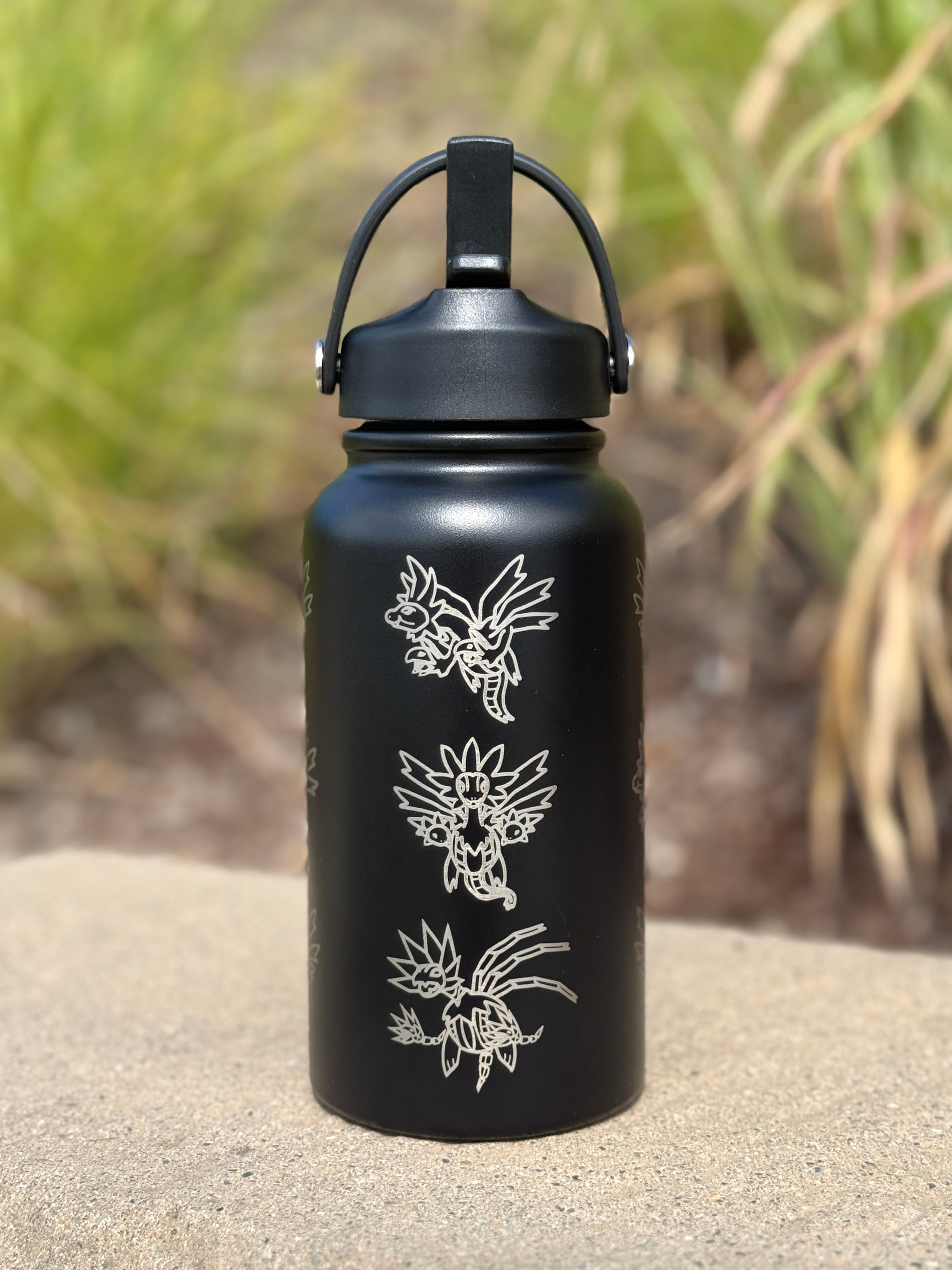 Hydreigon Water Bottle Engraved Waterbottle with Iron Jugulis & Deino Coffee Tumbler Thermos Flask, Dragon Gamer Anniversary Gift