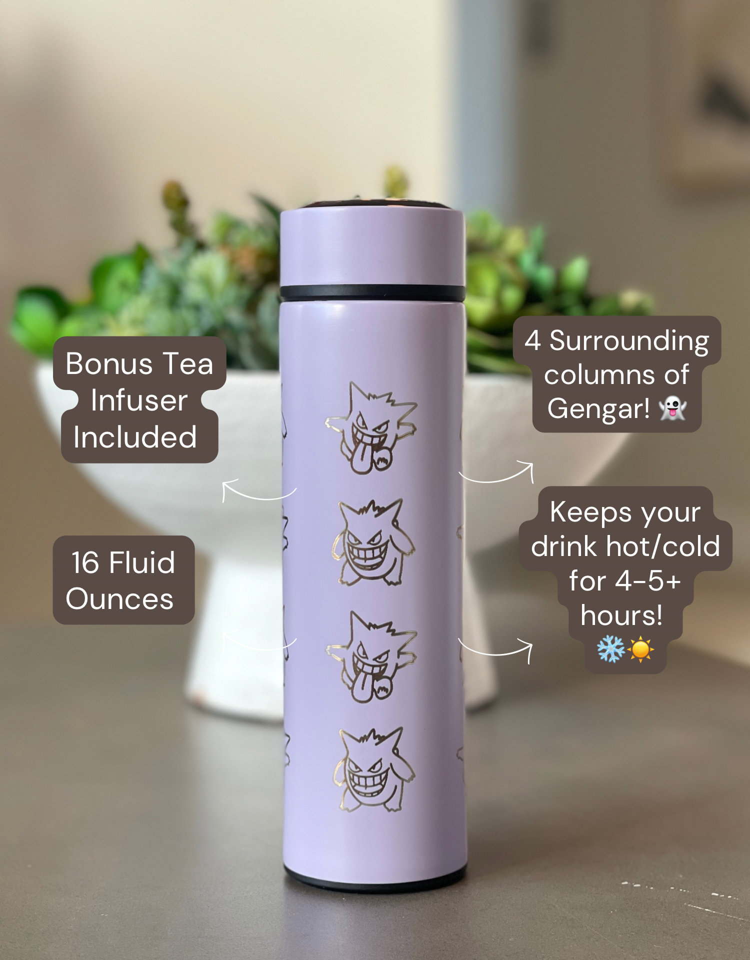 Gengar Coffee Tumbler Tea Infuser with Halloween Witch Hat and Tricks N Treats Cursed Costume Engraved Waterbottle Thermos, Anime Fan Gift