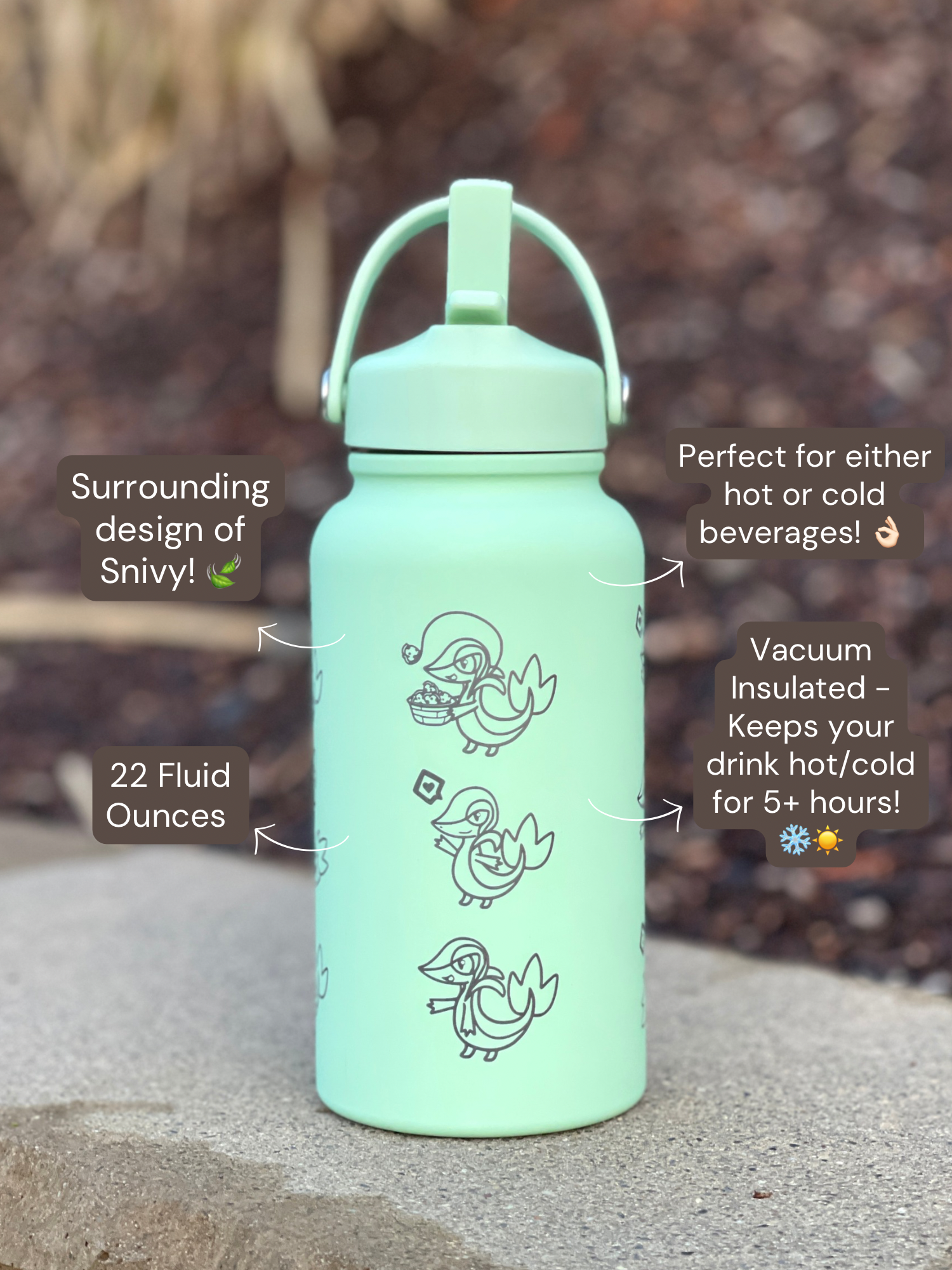 Snivy Water Bottle Engraved Waterbottle with Sleeping Snivy, Grass Unova Starter Coffee Tumbler Thermos, Gamer Anniversary Gift