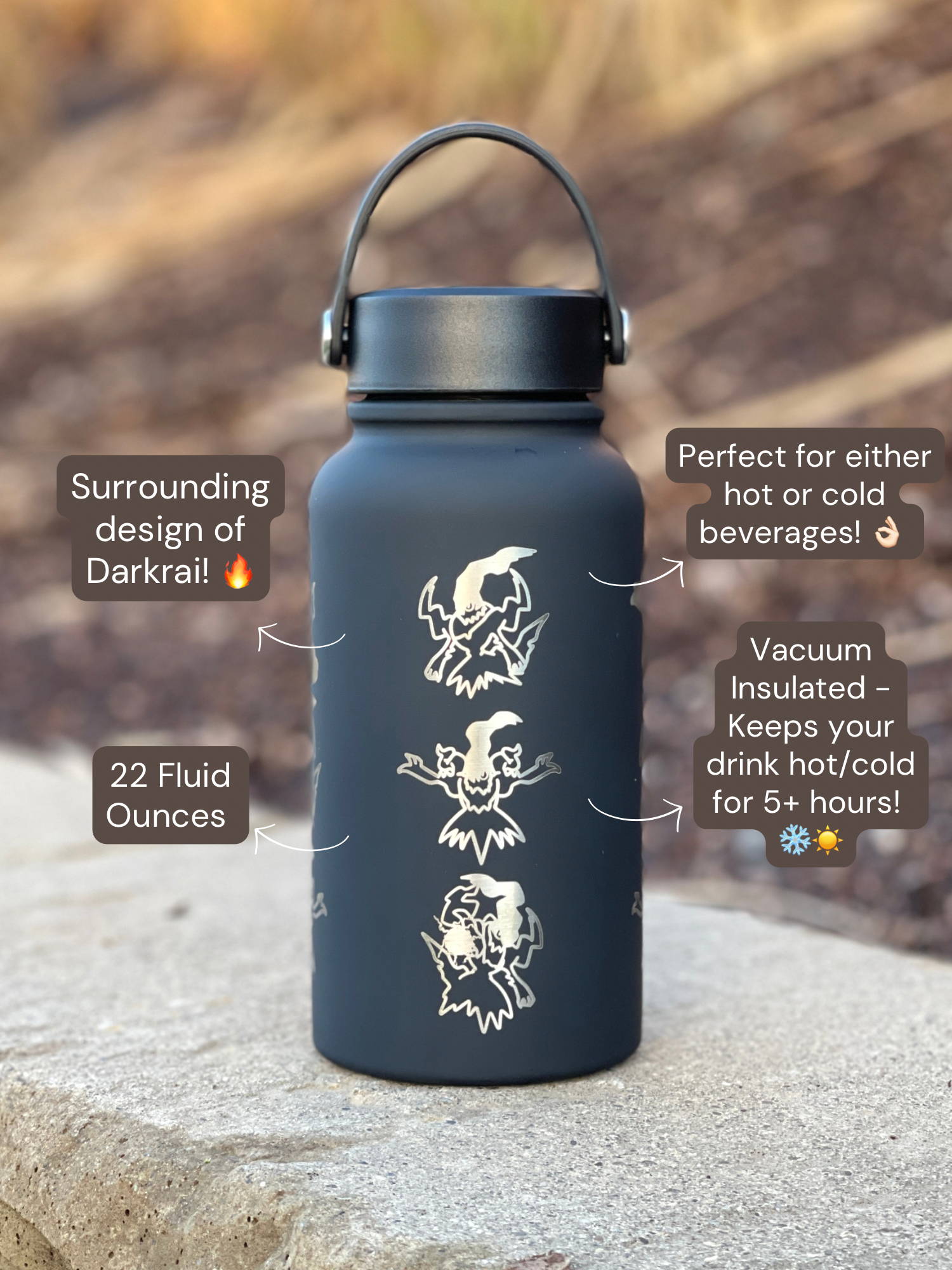 Dakrai Water Bottle Engraved Waterbottle with Mega Darkrai, Sinnoh Mythical Dark Coffee Tumbler Thermos, Gamer Anniversary Gift