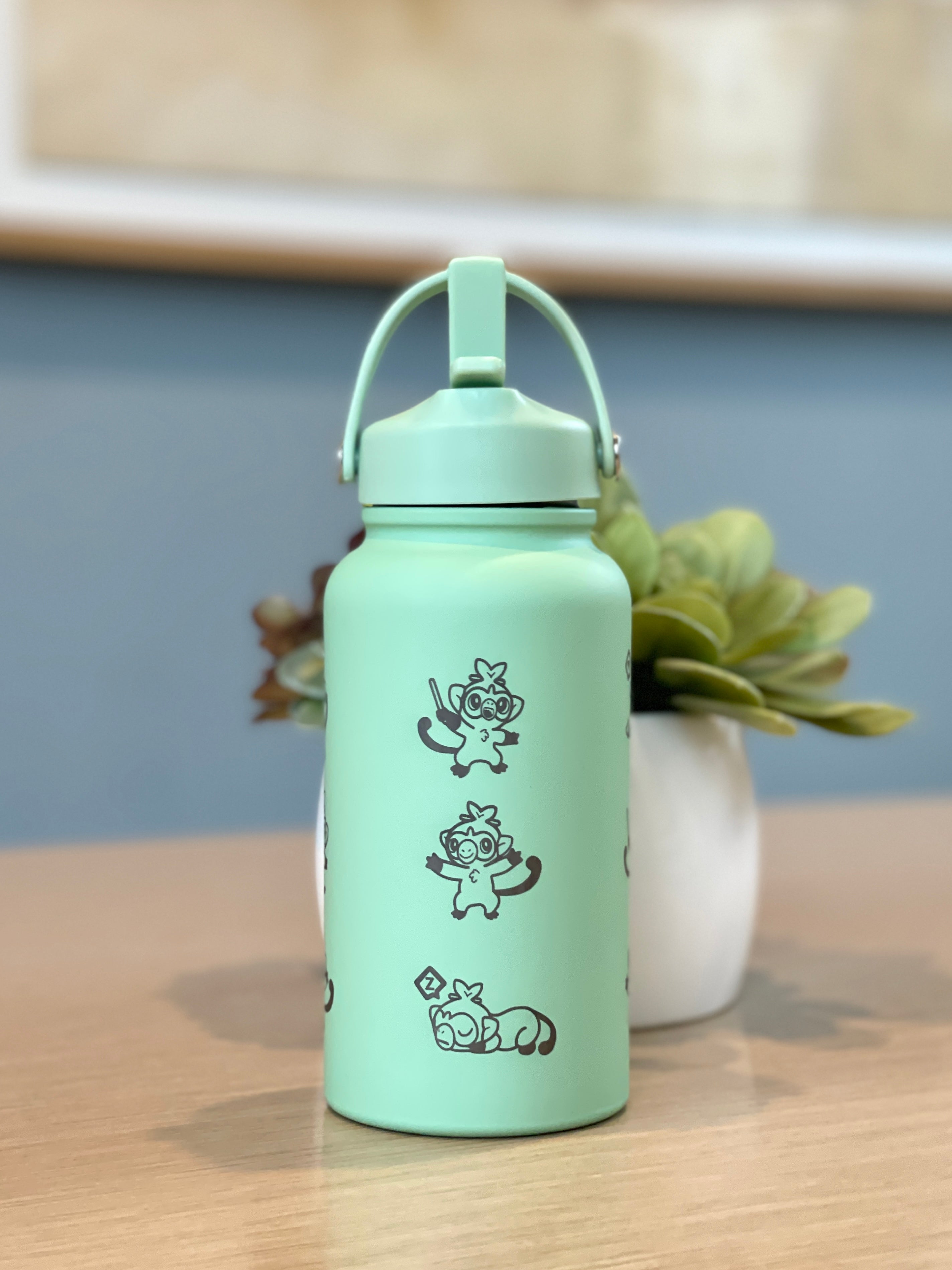 Grookey Water Bottle Engraved Coffee Tumbler with Sleeping & Angry Grookey, Grass Starter Thermos Anime Fan Birthday Gift