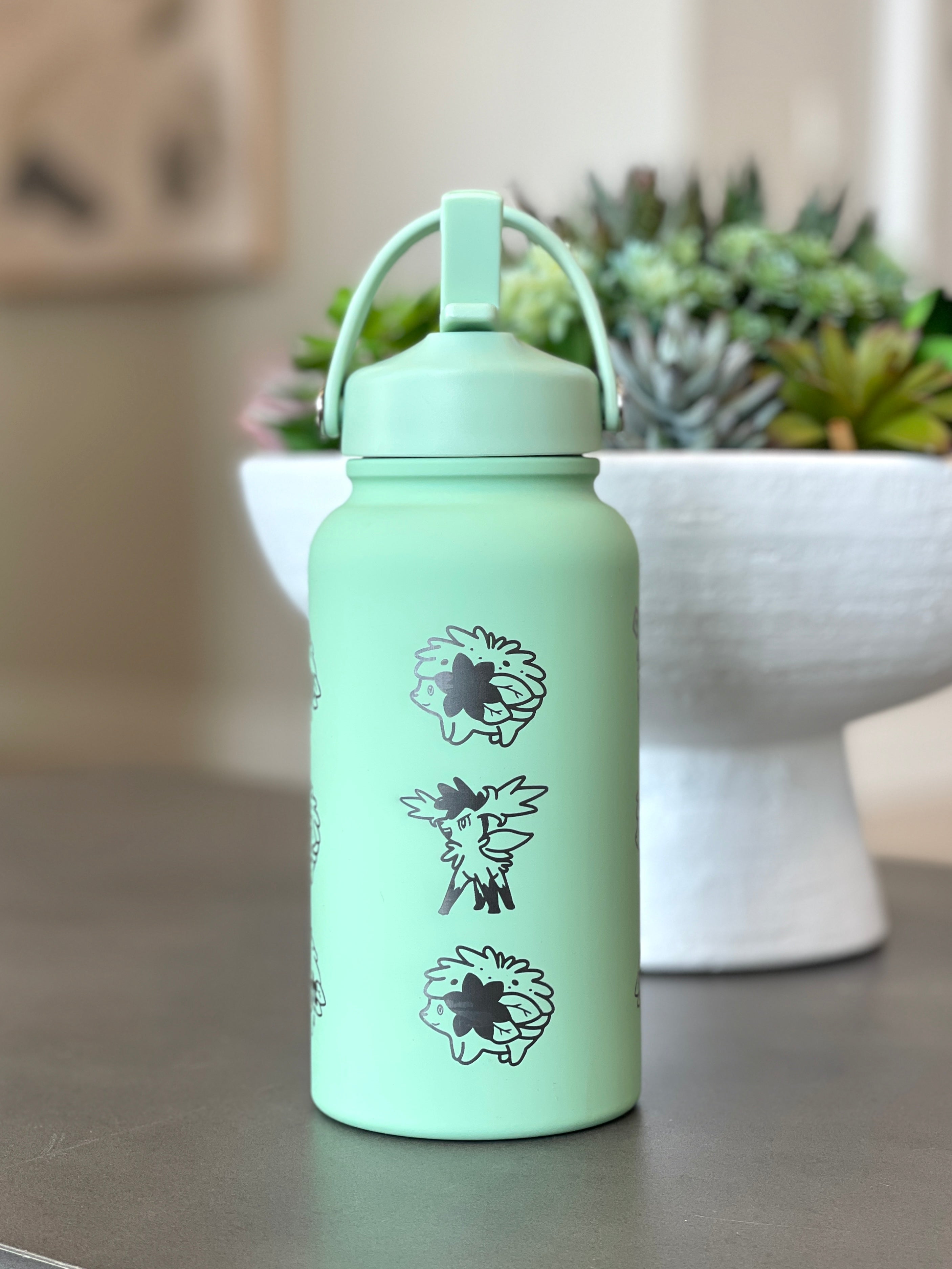 Shaymin Water Bottle Engraved Coffee Tumbler Land & Sky Forme, Waterbottle, Grass Mythical Thermos Anime Fan Birthday Gift