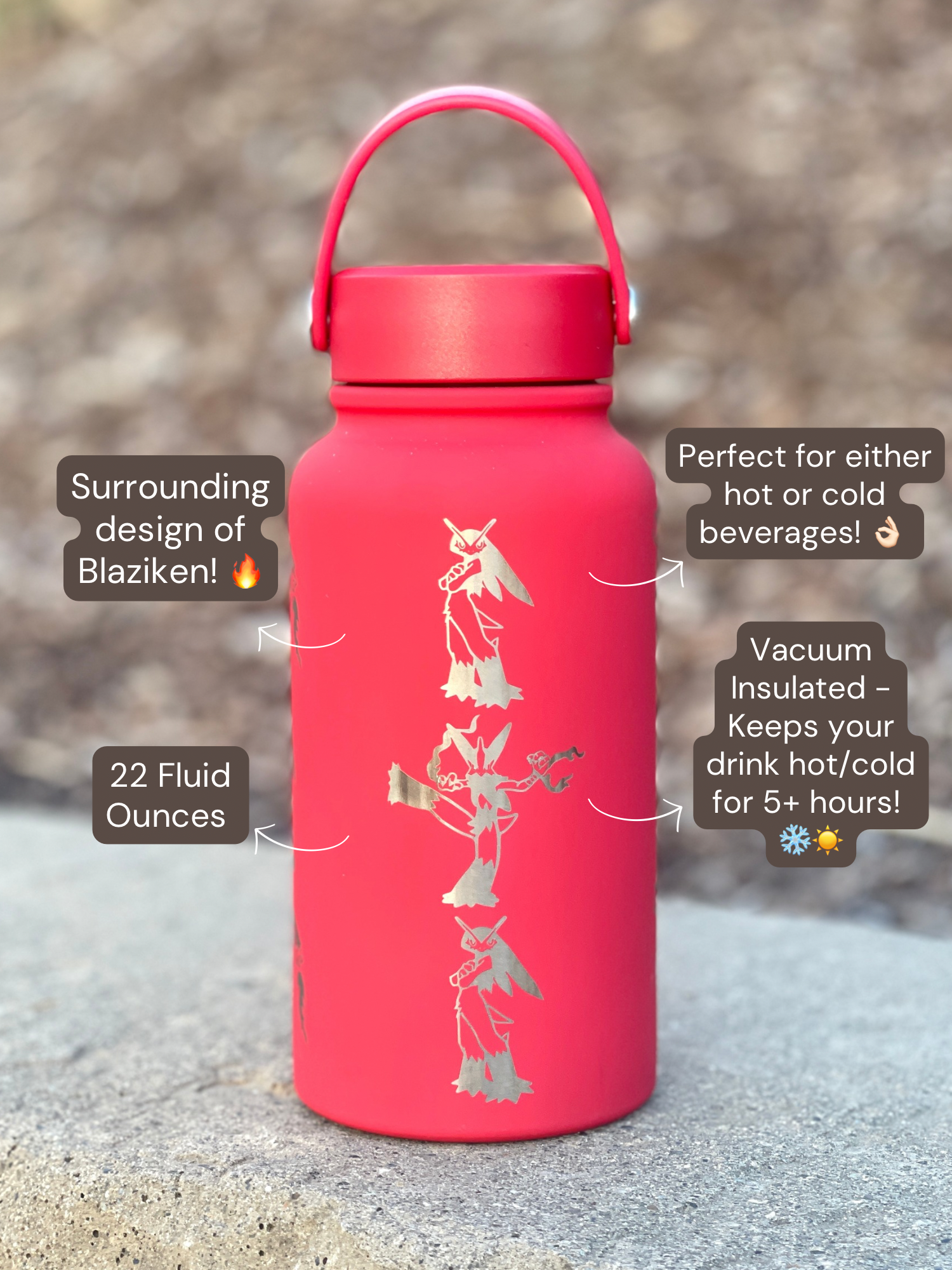 Blaziken Water Bottle Engraved Waterbottle with Mega Blaziken, Hoenn Starter Coffee Tumbler Thermos Flask, Gamer Anniversary Gift