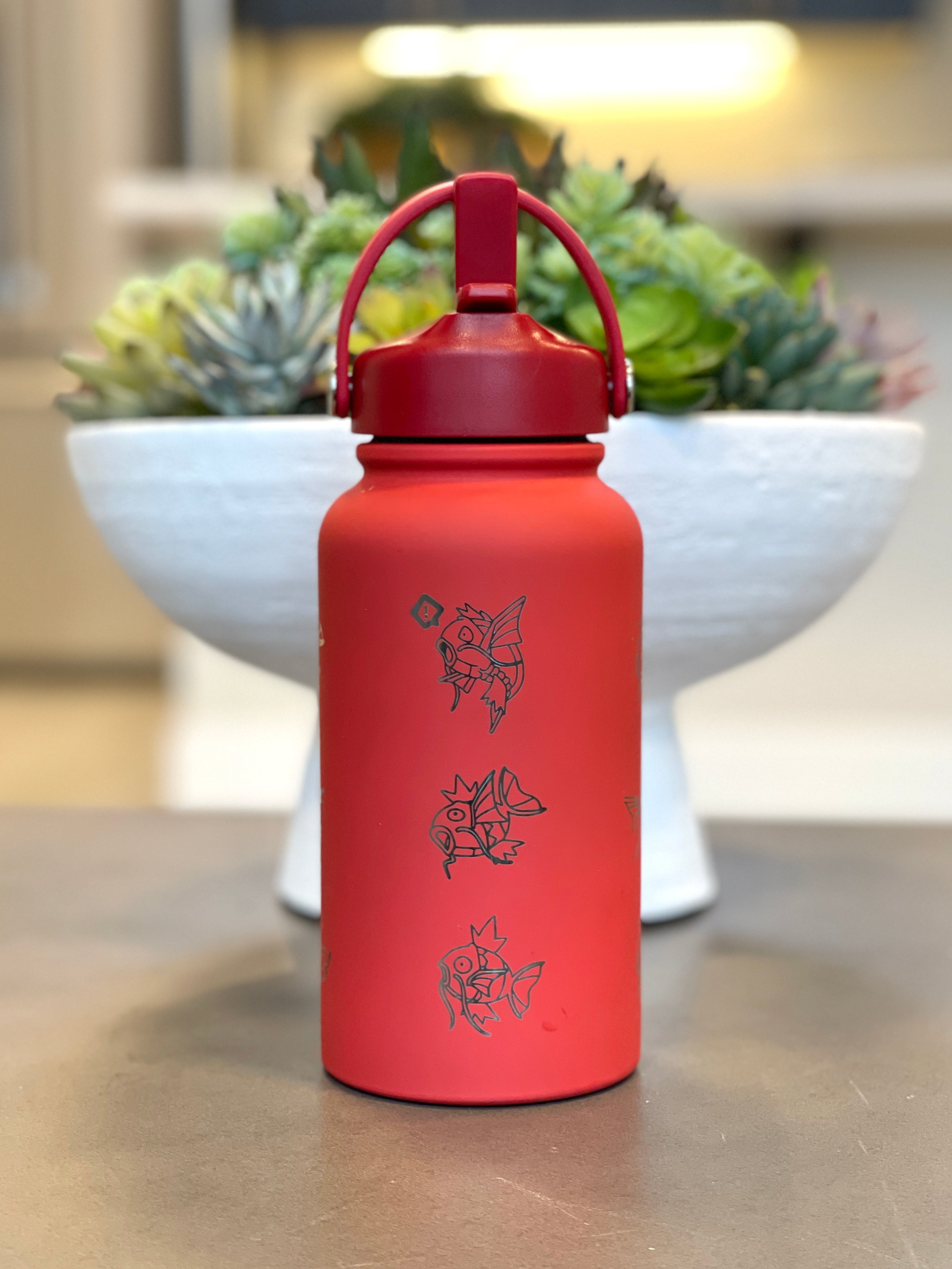 Magikarp Water Bottle Engraved Waterbottle with Fainted & Ditto Magikarp Cafe Hat, Fish Coffee Tumbler Thermos Flask, Gamer Anniversary Gift