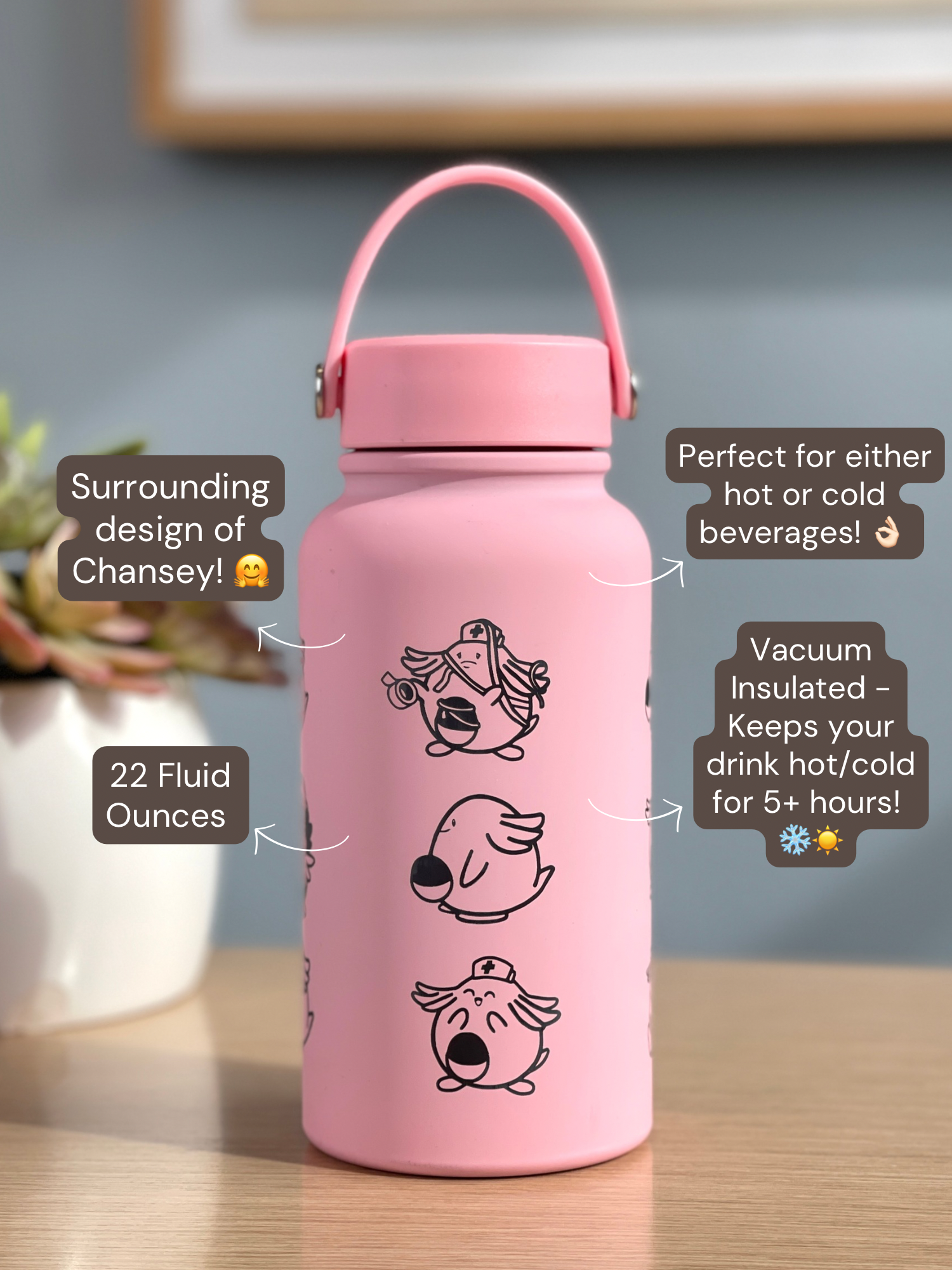 Chansey Blissey Water Bottle Engraved Waterbottle with Nurse & Sad Chansey, Cute Tumbler Thermos Flask, Gamer Anniversary Gift
