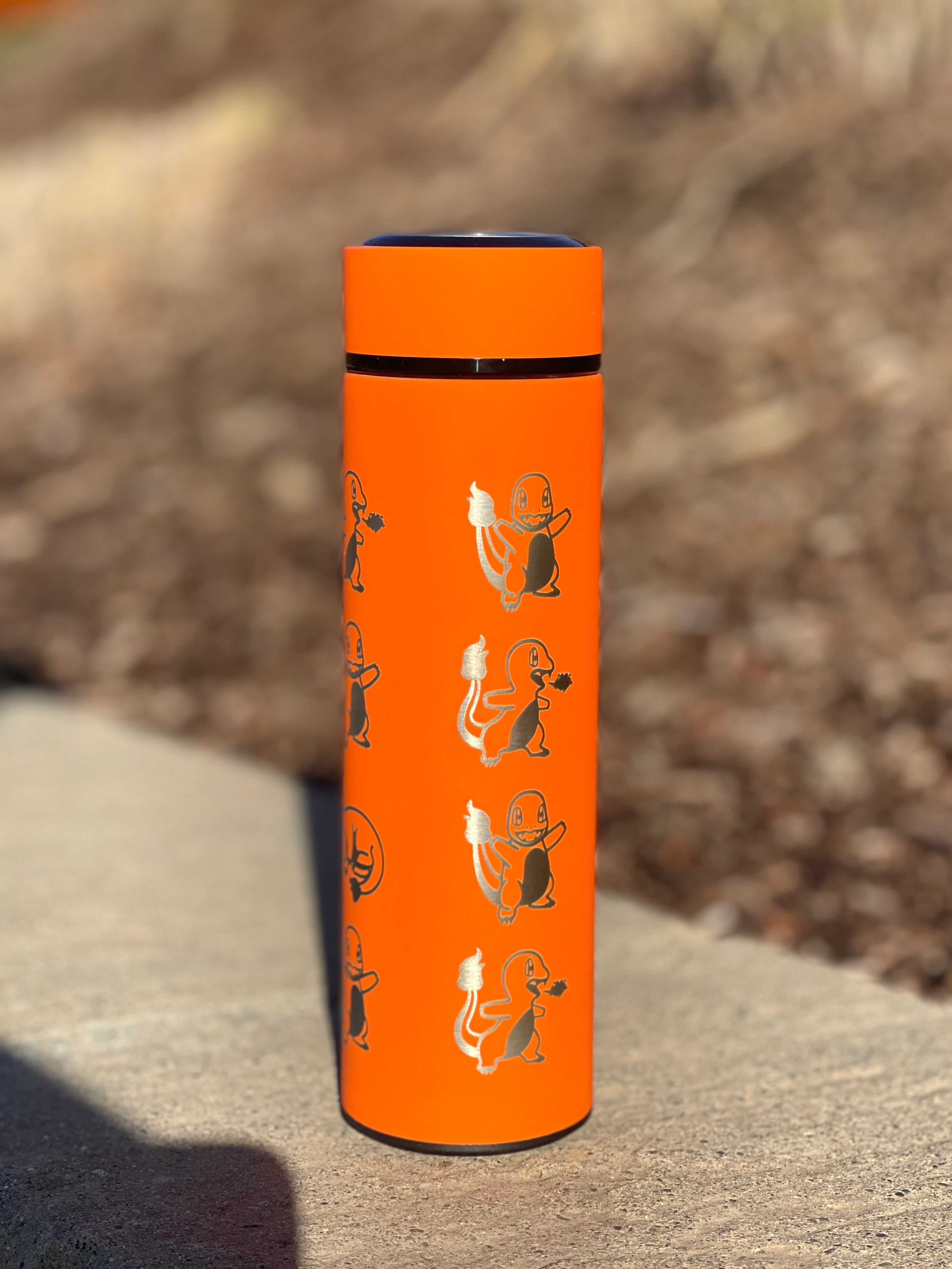 Charmander Coffee Tumbler Tea Infuser with Sleeping Charmander Leaf, Kanto Fire Starter Engraved Waterbottle Travel Mug, Anime Fan Gift