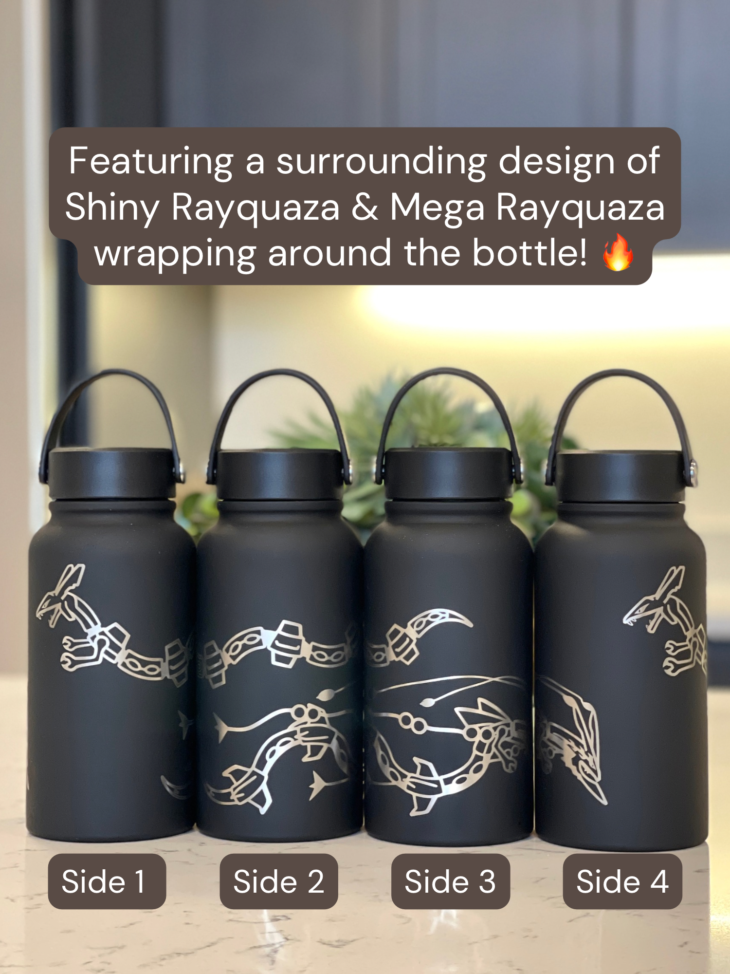 Shiny Rayquaza & Mega Rayquaza Water Bottle Engraved Waterbottle Black Rayquaza Dragon Legendary Coffee Tumbler Thermos, Gamer Anniversary Gift