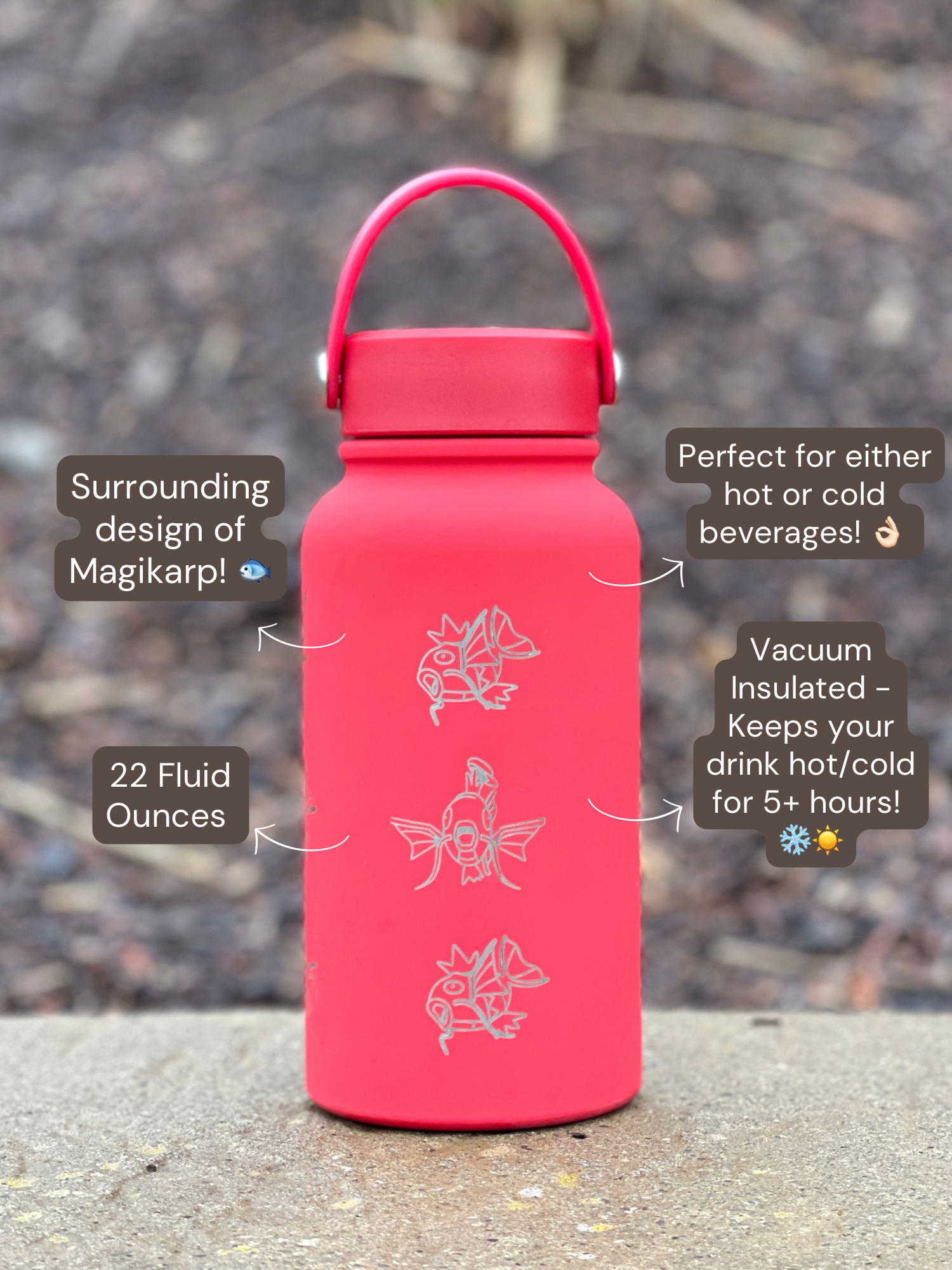 Magikarp Water Bottle Engraved Waterbottle with Fainted & Ditto Magikarp Cafe Hat, Fish Coffee Tumbler Thermos Flask, Gamer Anniversary Gift