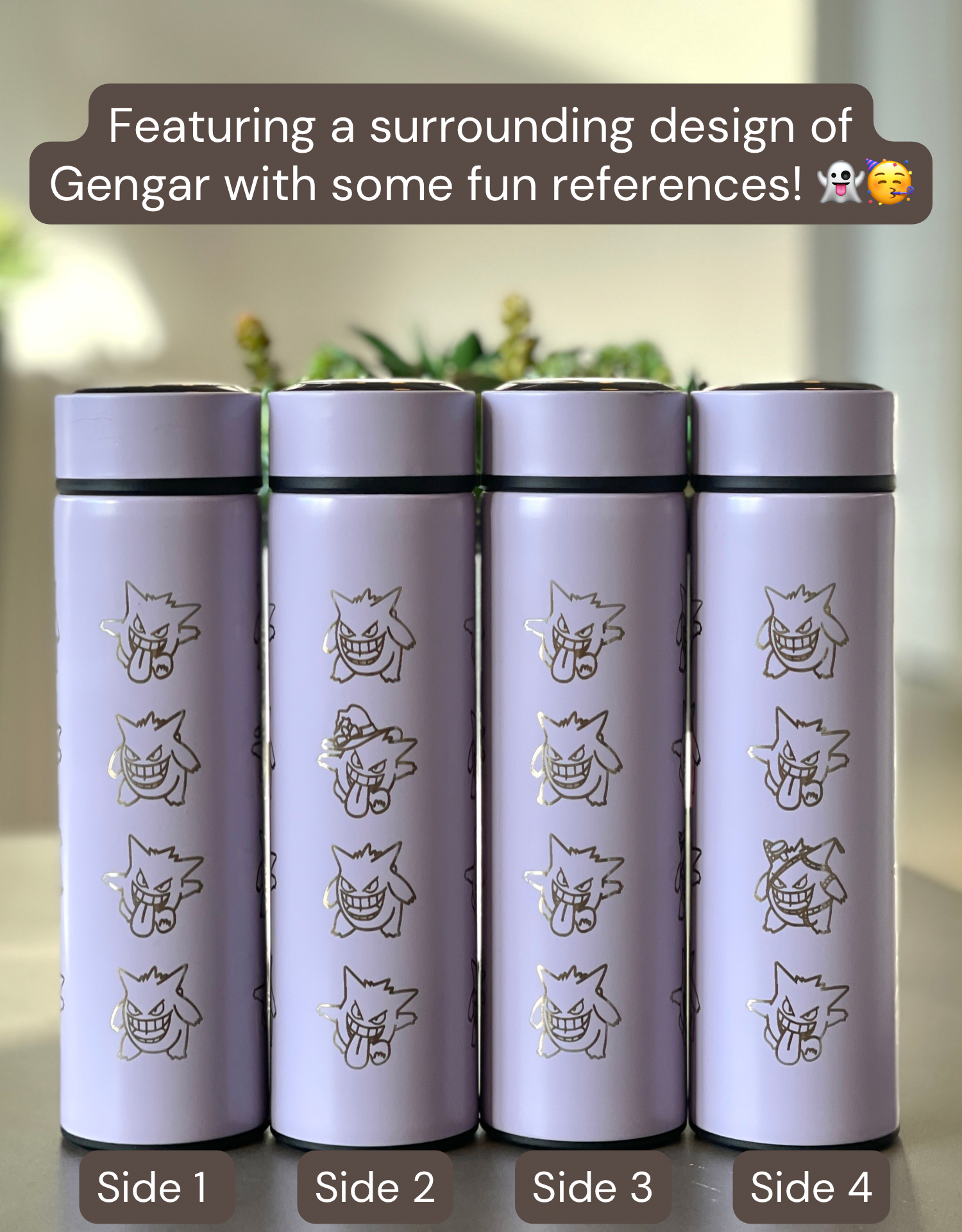Gengar Coffee Tumbler Tea Infuser with Halloween Witch Hat and Tricks N Treats Cursed Costume Engraved Waterbottle Thermos, Anime Fan Gift