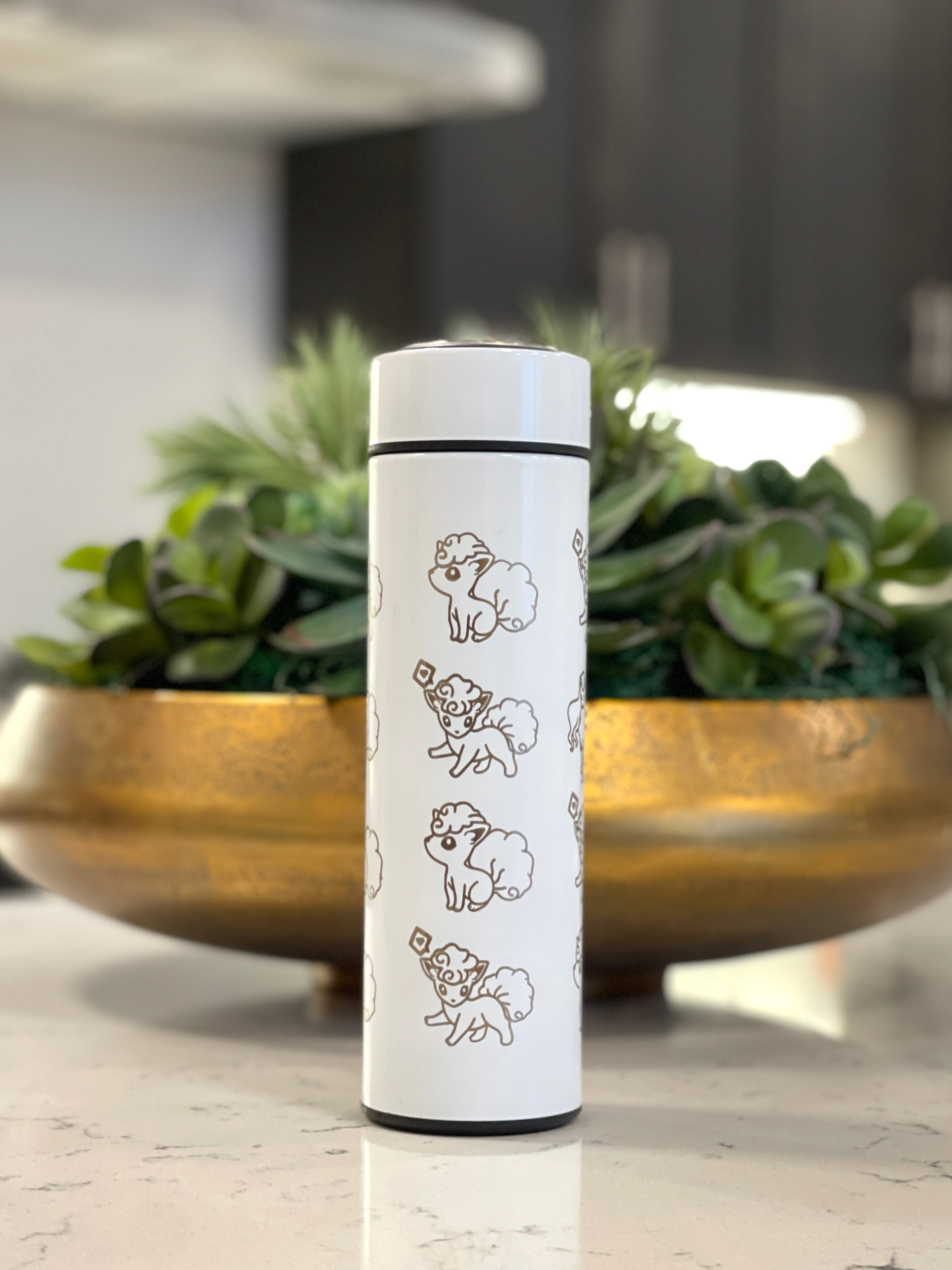 Alolan Vulpix Ninetails Coffee Tumbler Tea Infuser, Engraved Water Bottle Travel Mug, Sleeping Vulpix Cute Anime Fan Gift