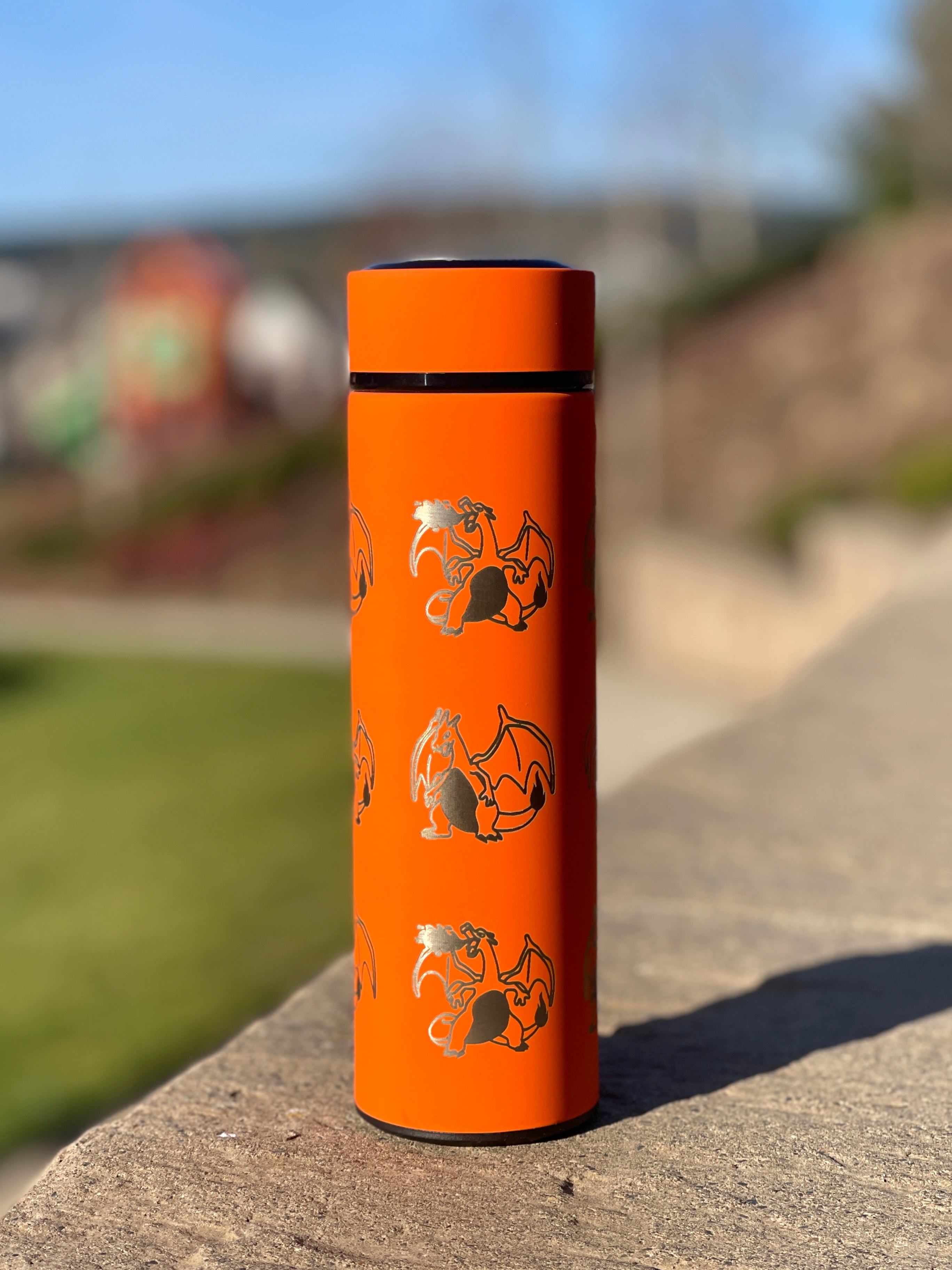 Charizard Coffee Tumbler Tea Infuser with Mega Charizard Y, Kanto Fire Starter Engraved Water Bottle Travel Mug Flask, Gamer Gift