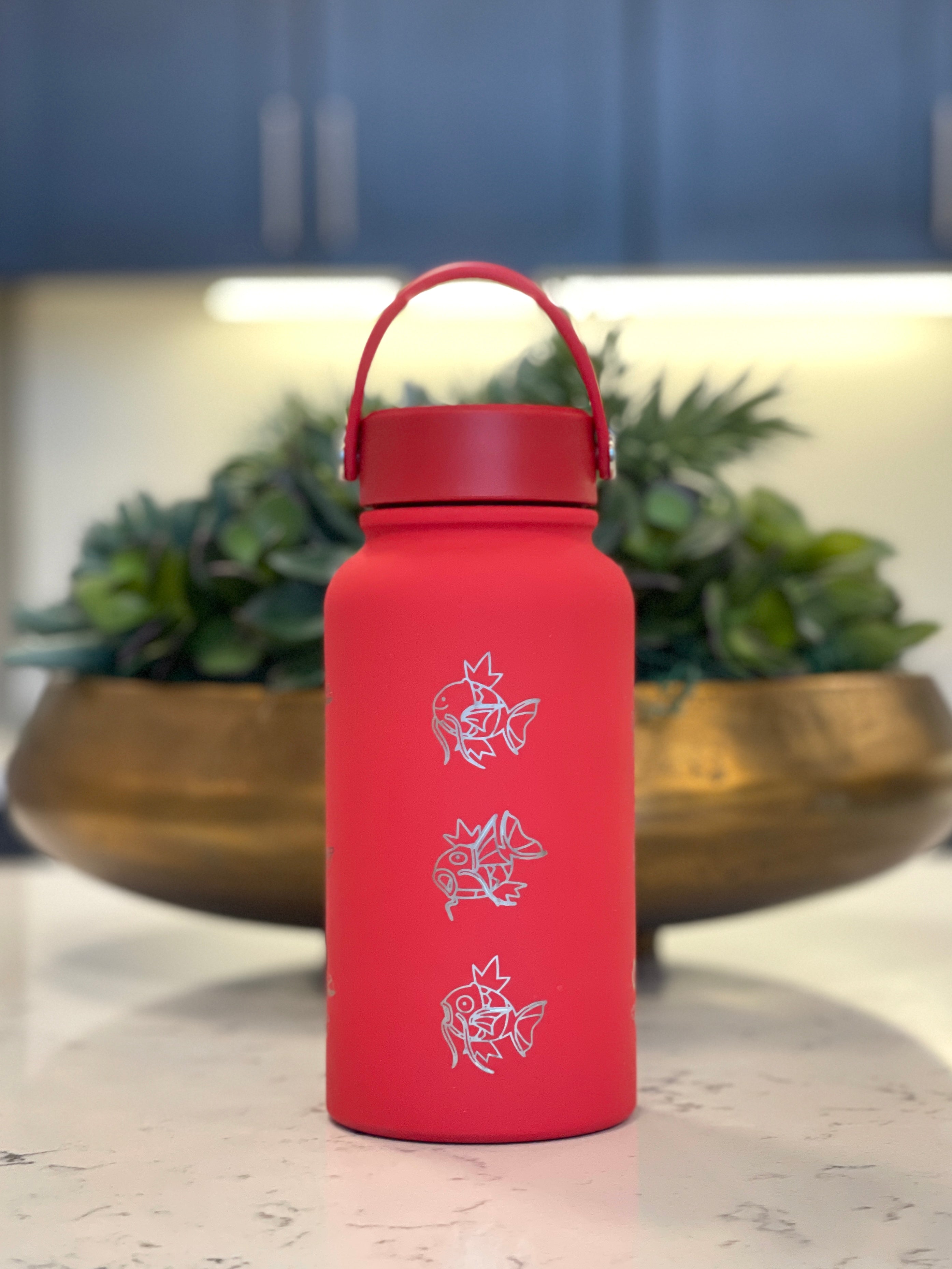Magikarp Water Bottle Engraved Waterbottle with Fainted & Ditto Magikarp Cafe Hat, Fish Coffee Tumbler Thermos Flask, Gamer Anniversary Gift