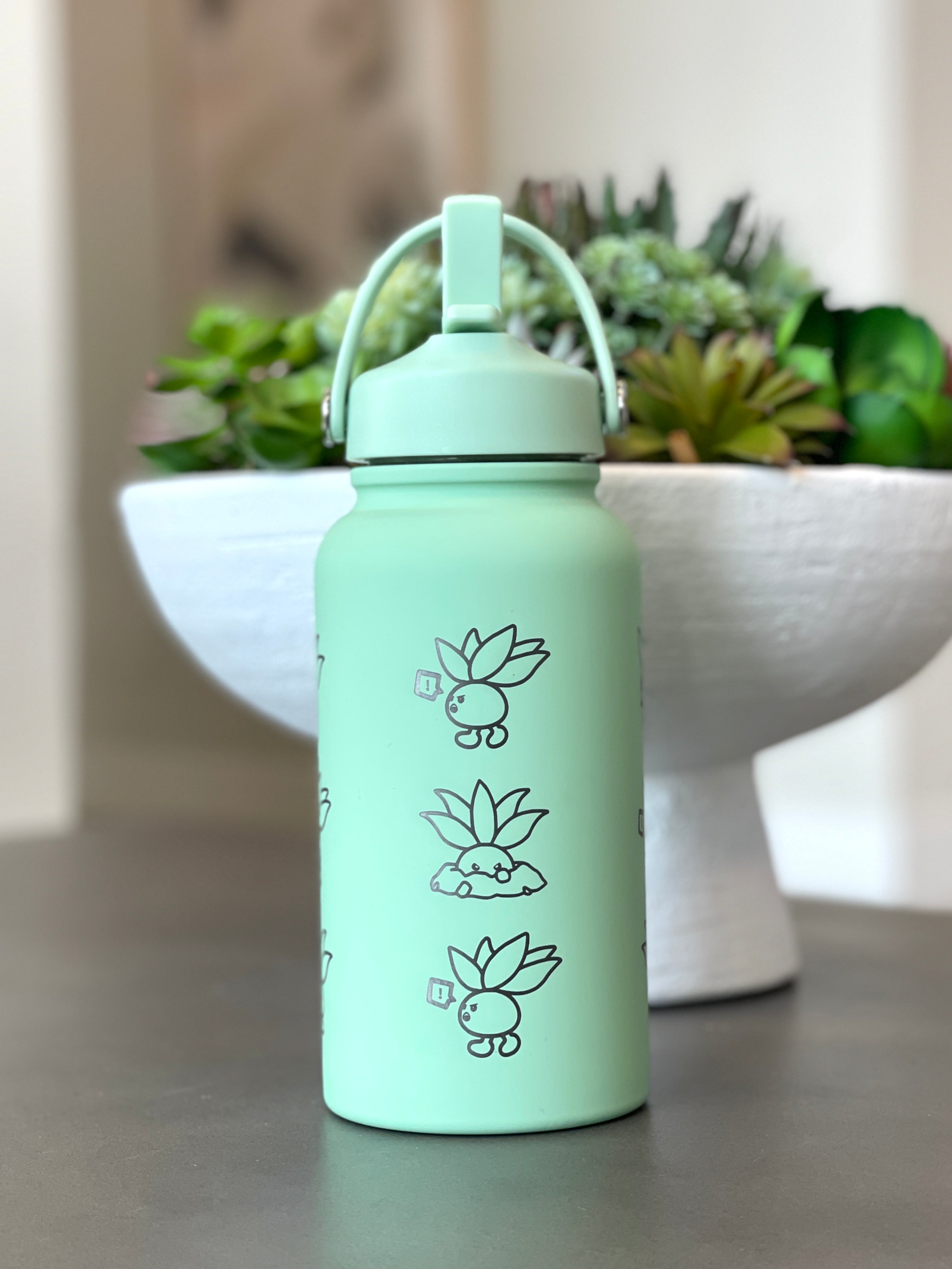 Oddish Water Bottle Engraved Coffee Tumbler, Oddish with Guitar Waterbottle, Funny Cute Anime Fan Birthday Gift