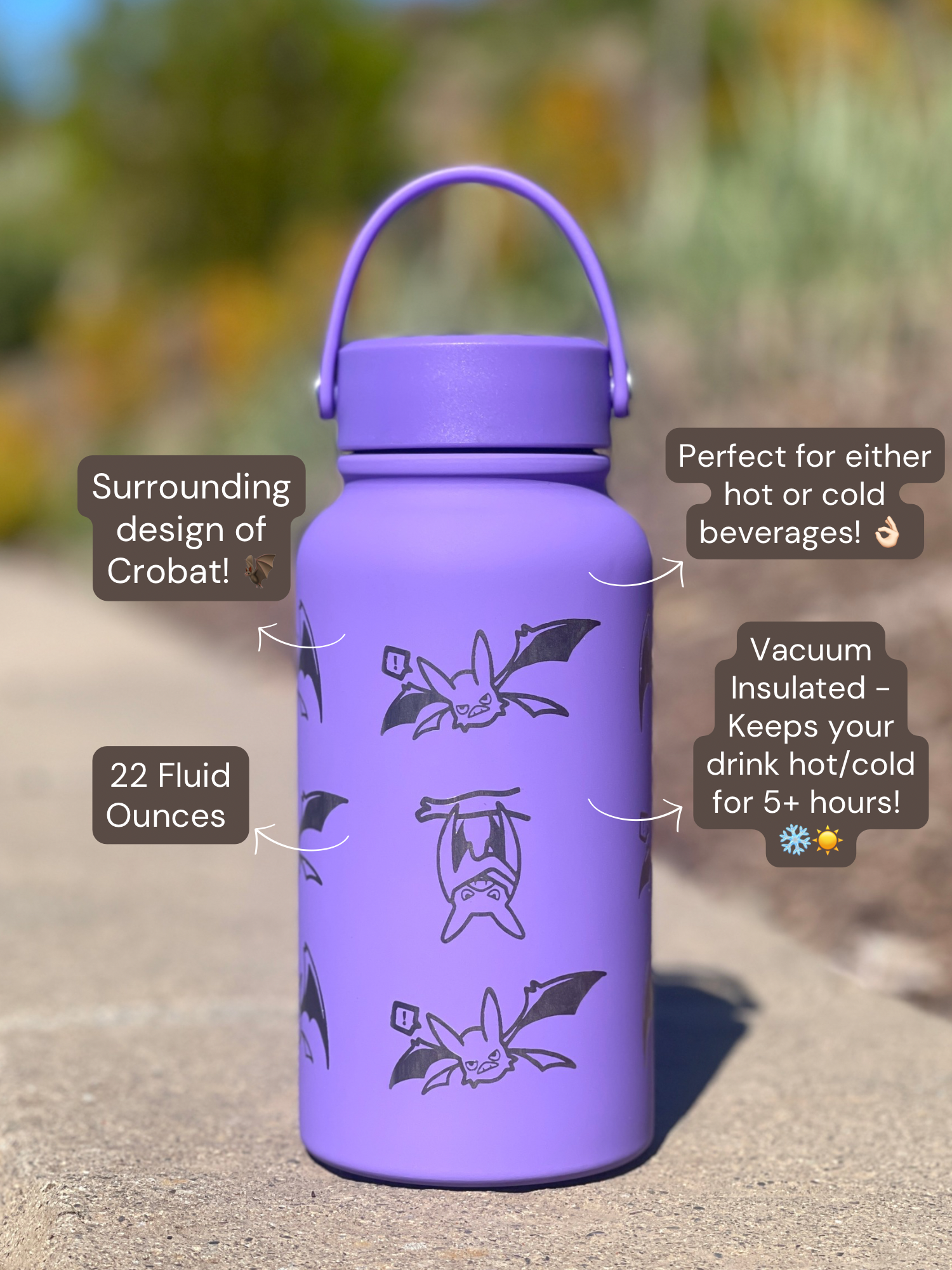 Crobat Water Bottle Engraved Waterbottle, Bat Crobat with Beanie Coffee Tumbler Thermos Travel Mug, Gamer Anniversary Gift