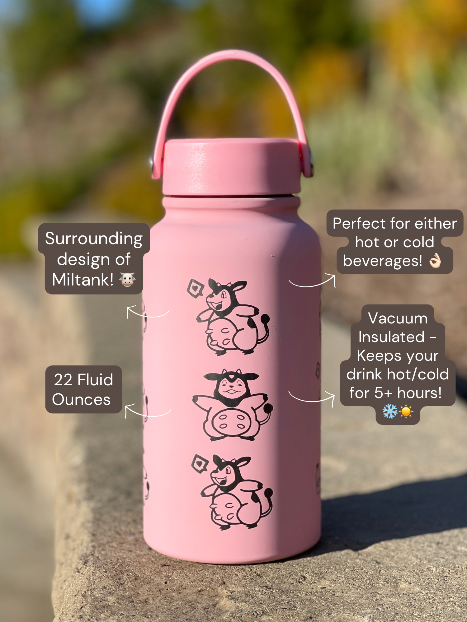 Miltank Water Bottle Engraved Waterbottle Moo Moo Milk & Angry Miltank, Cute Cow Coffee Tumbler Thermos Flask, Gamer Anniversary Gift