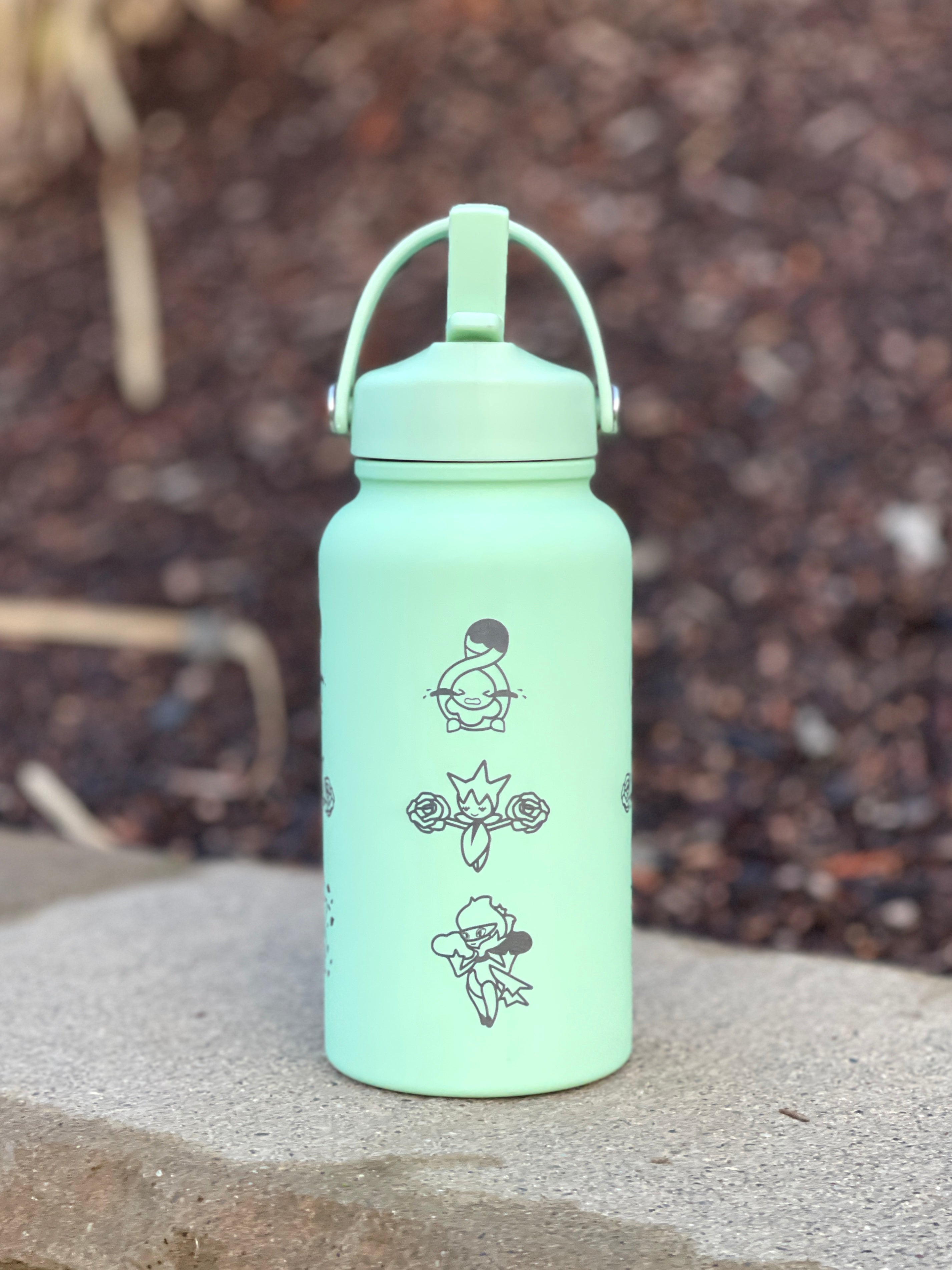 Budew Roselia Roserade Water Bottle Engraved Coffee Tumbler, Budew with Sunglasses, Grass Evolution Trio, Anime Fan Birthday Gift