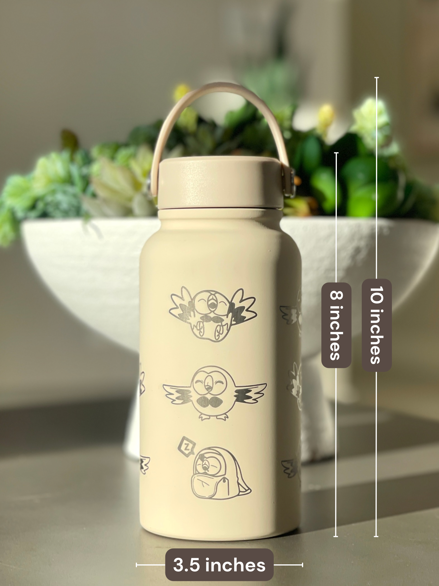 Rowlet Water Bottle Engraved Waterbottle, Alolan Grass Starter Coffee Tumbler Thermos Travel Mug, Cute Owl Gamer Anniversary Gift