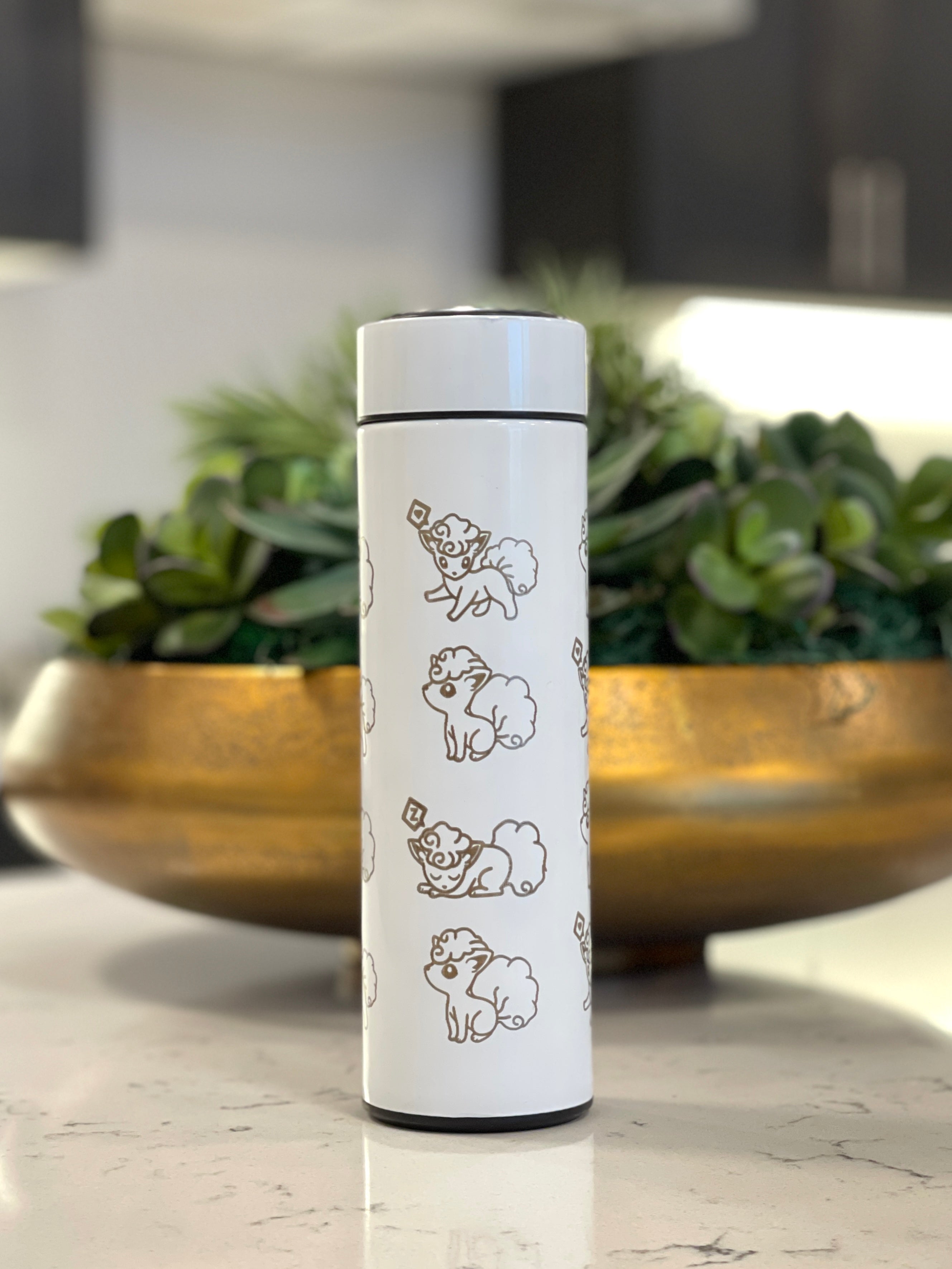 Alolan Vulpix Ninetails Coffee Tumbler Tea Infuser, Engraved Water Bottle Travel Mug, Sleeping Vulpix Cute Anime Fan Gift