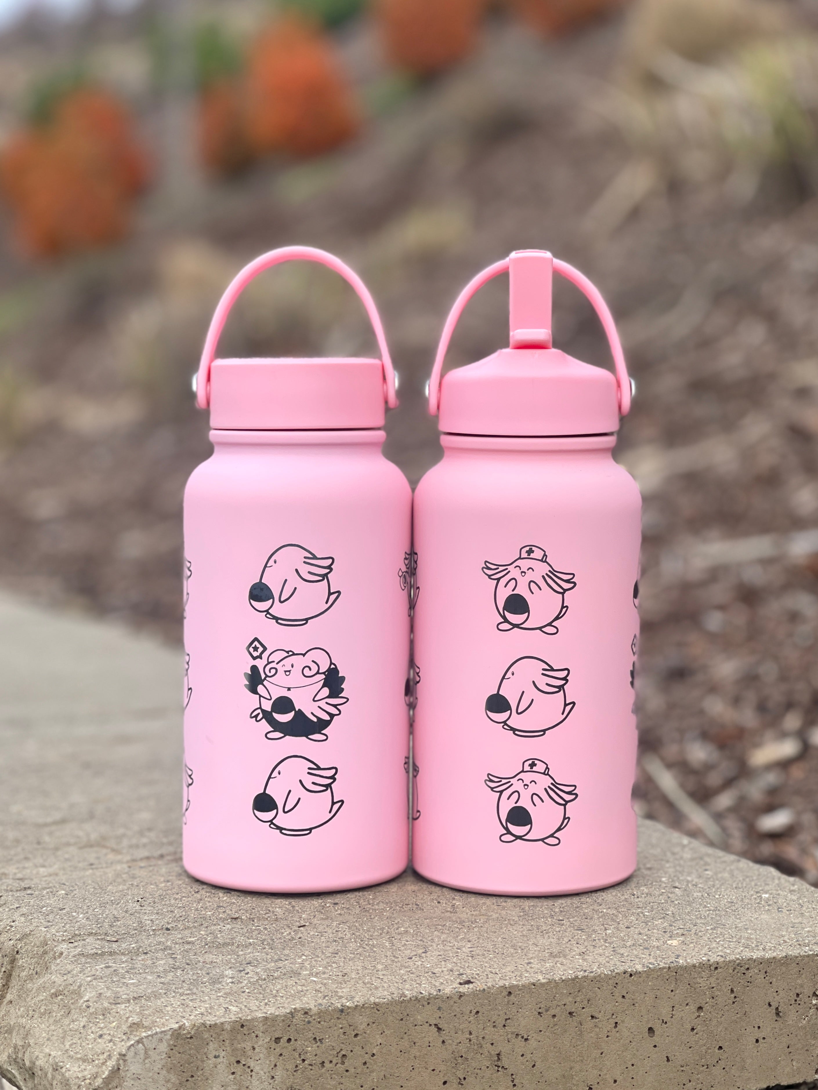 Chansey Blissey Water Bottle Engraved Waterbottle with Nurse & Sad Chansey, Cute Tumbler Thermos Flask, Gamer Anniversary Gift