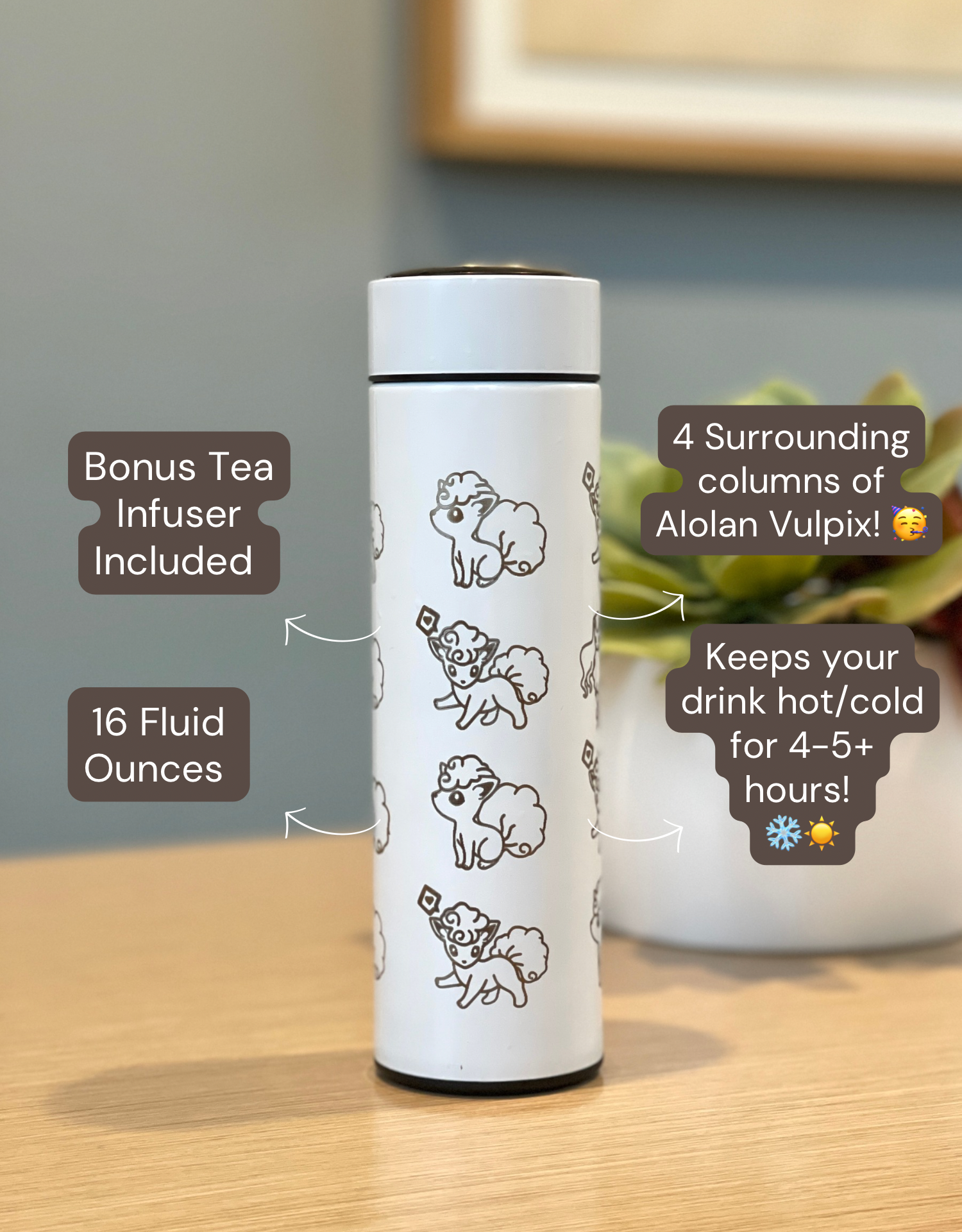 Alolan Vulpix Ninetails Coffee Tumbler Tea Infuser, Engraved Water Bottle Travel Mug, Sleeping Vulpix Cute Anime Fan Gift