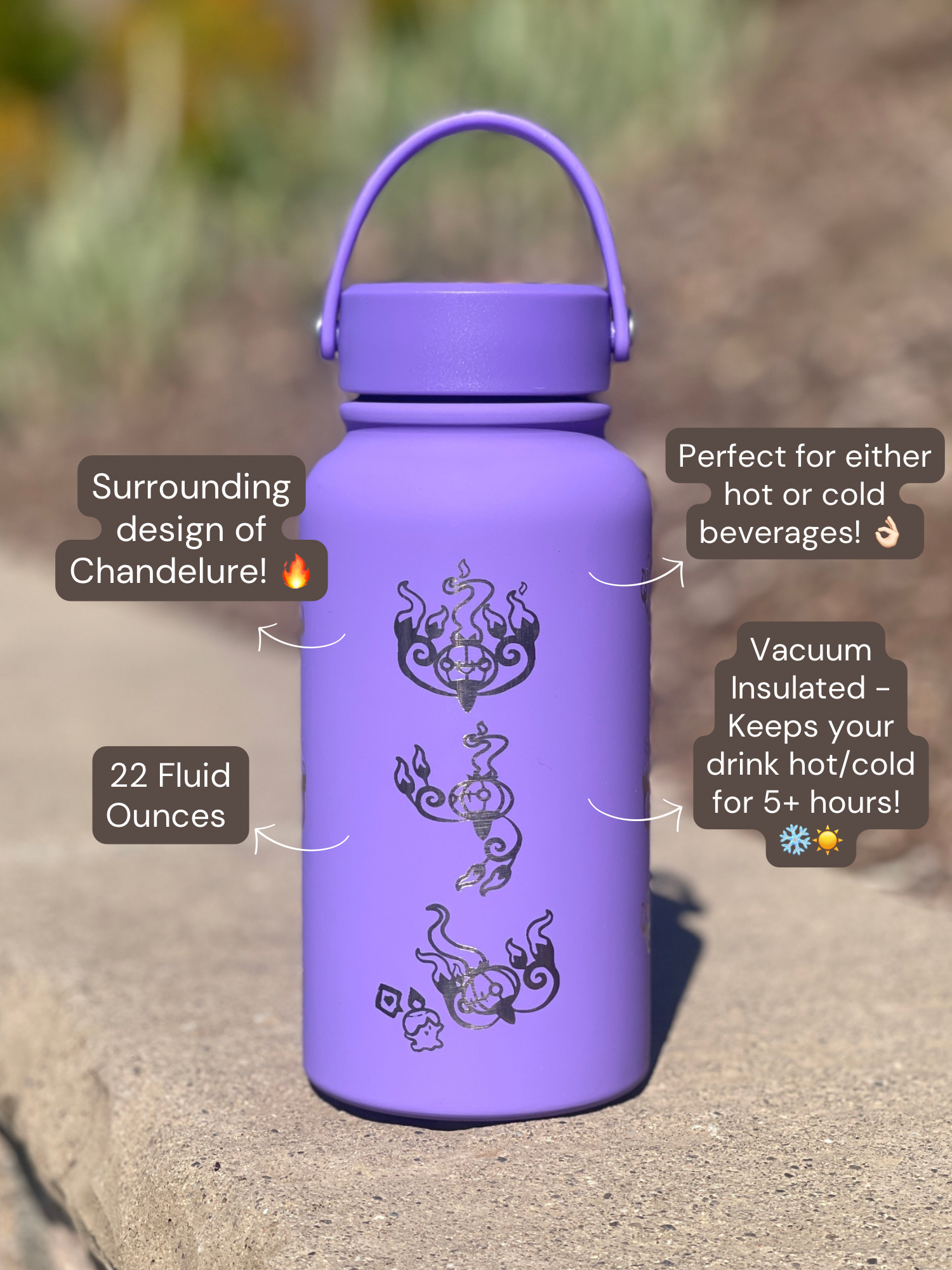 Chandelure Water Bottle Engraved Waterbottle with Mega Chandelure & Litwick, Ghost Chandalier Coffee Tumbler Thermos Flask, Gamer Anniversary Gift