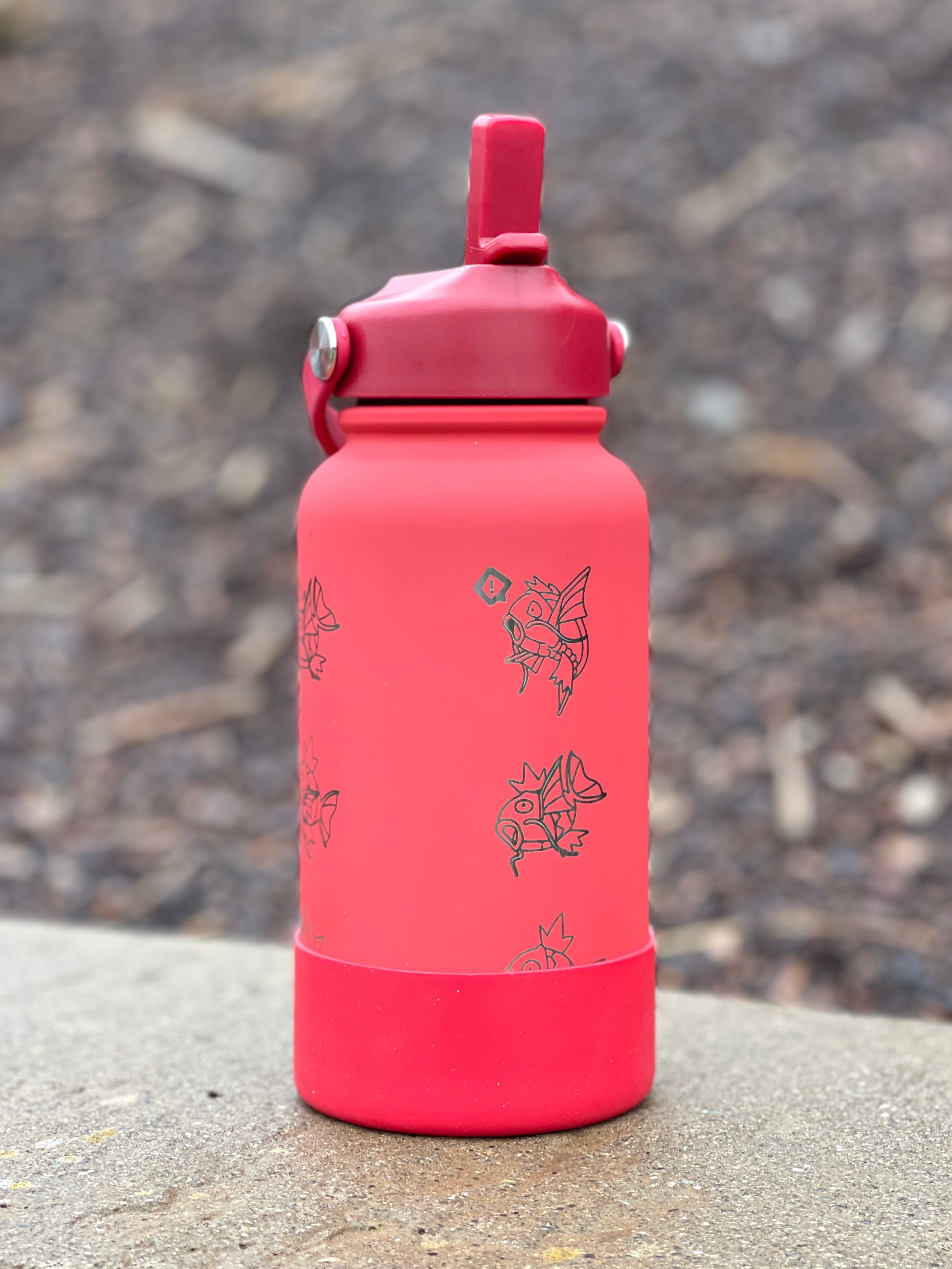 Magikarp Water Bottle Engraved Waterbottle with Fainted & Ditto Magikarp Cafe Hat, Fish Coffee Tumbler Thermos Flask, Gamer Anniversary Gift
