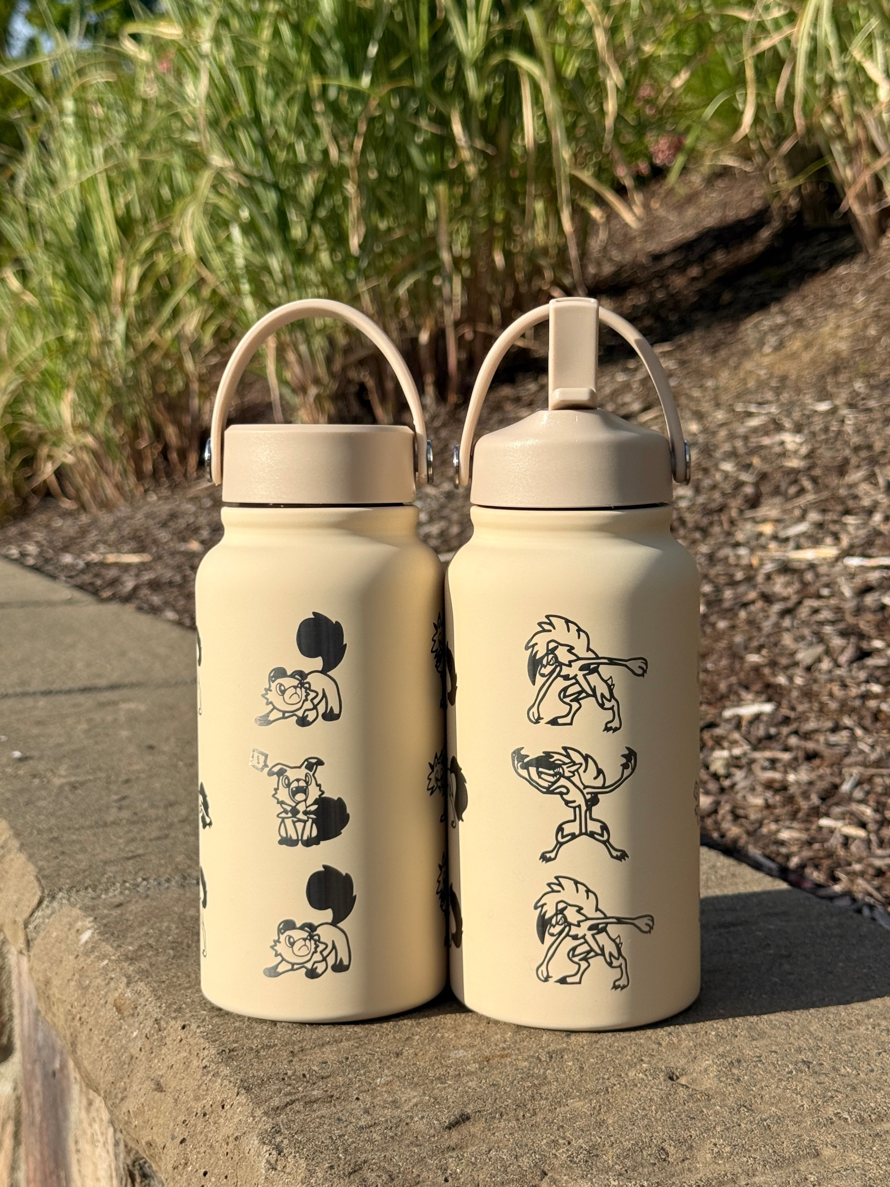 Rockruff Lyanroc Water Bottle Engraved Waterbottle, Lyanroc Midday Dusk & Midnight Form Coffee Tumbler Thermos Flask, Gamer Anniversary Gift