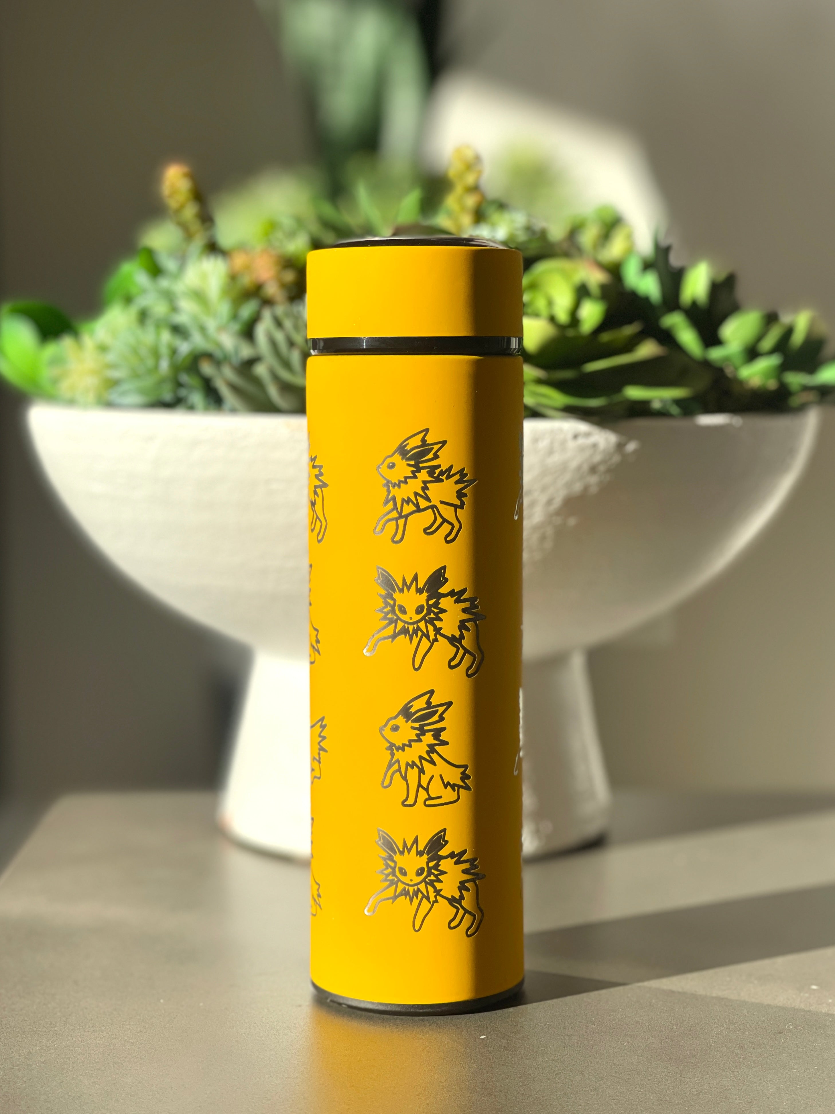 Jolteon Coffee Tumbler Tea Infuser with Sleeping Jolteon & Flower Crown, Engraved Waterbottle Electric Eevee Evolution Thermos, Anime Gift