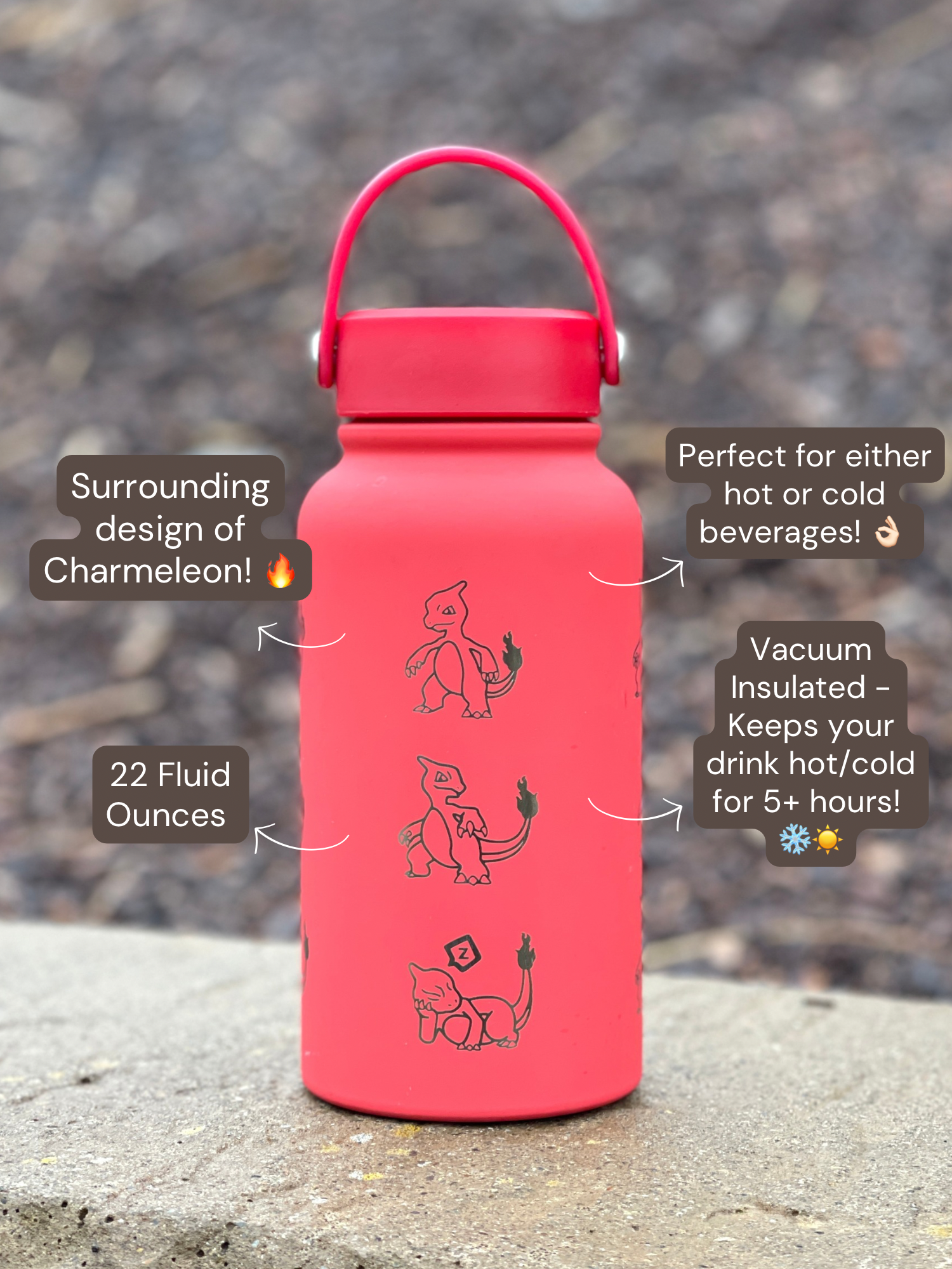 Charmeleon Water Bottle Engraved Waterbottle with Sleeping Charmeleon Coffee Tumbler Thermos Flask, Gamer Anniversary Gift