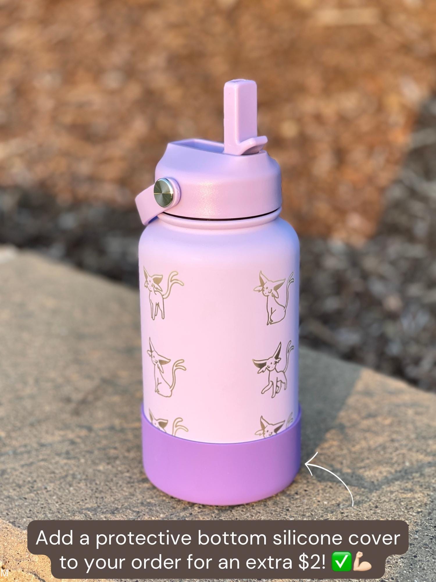 Espeon Straw Water Bottle Engraved Coffee Tumbler with Unite Tuxedo Style & Top Hat Waterbottle, Psychic Eeveelution Anime Fan Birthday Gift