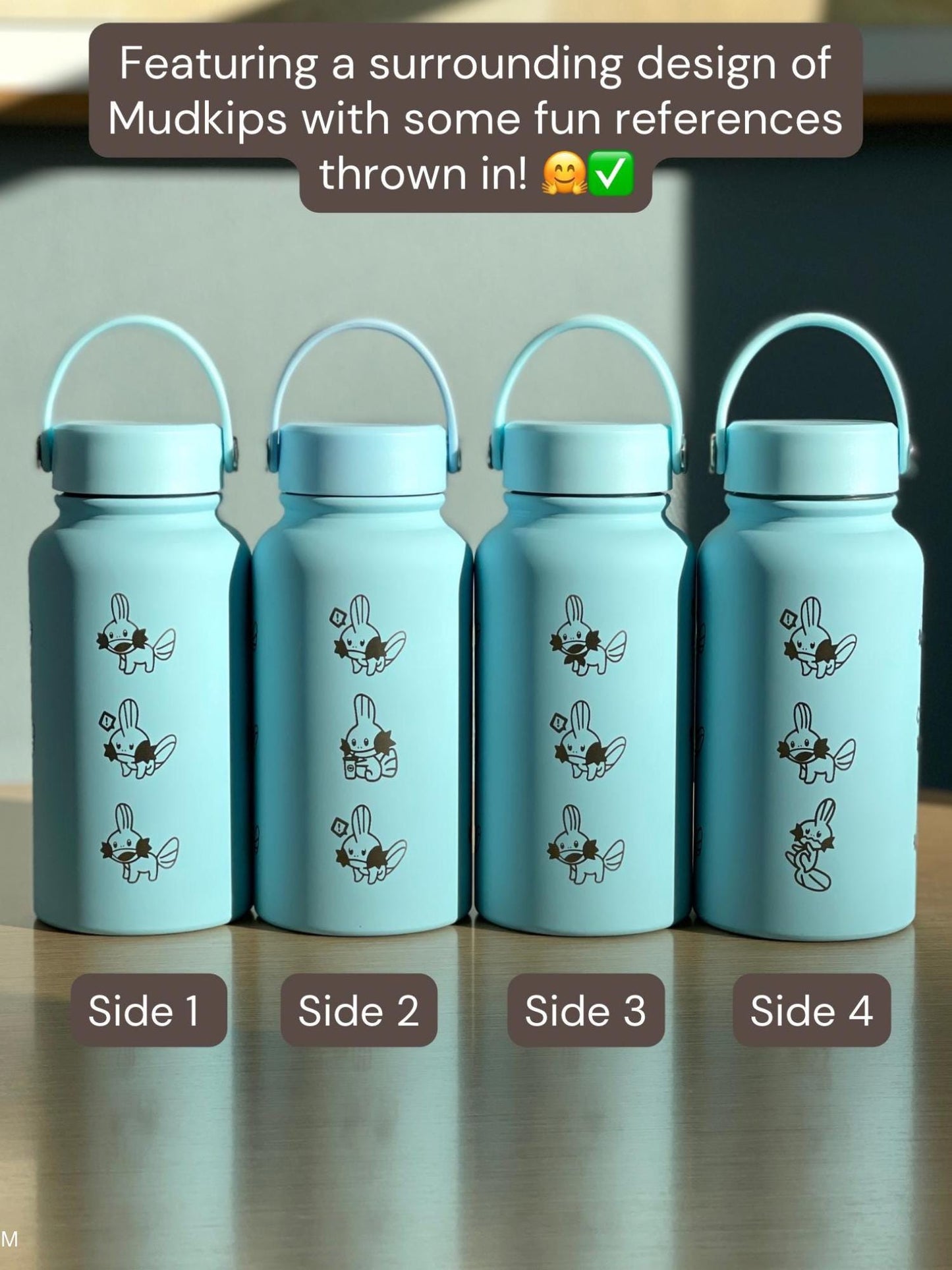 Mudkip Water Bottle Engraved Coffee Tumbler with Mystery Dungeon Scarf, Hoenn Water Starter Waterbottle Thermos, Cute Anime Birthday Gift