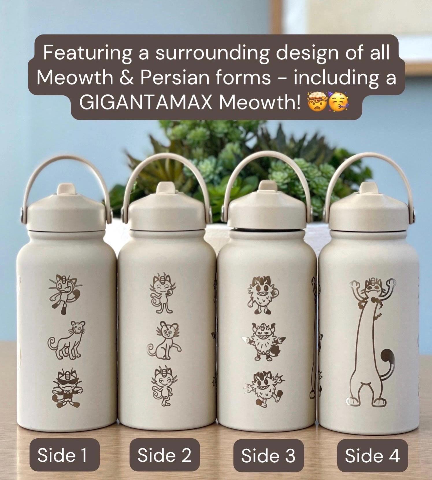 Meowth Persian Water Bottle Engraved Coffee Tumbler with Perrserker Alolan Galarian & Gigantamax Versions, Team Rocket Waterbottle Gift