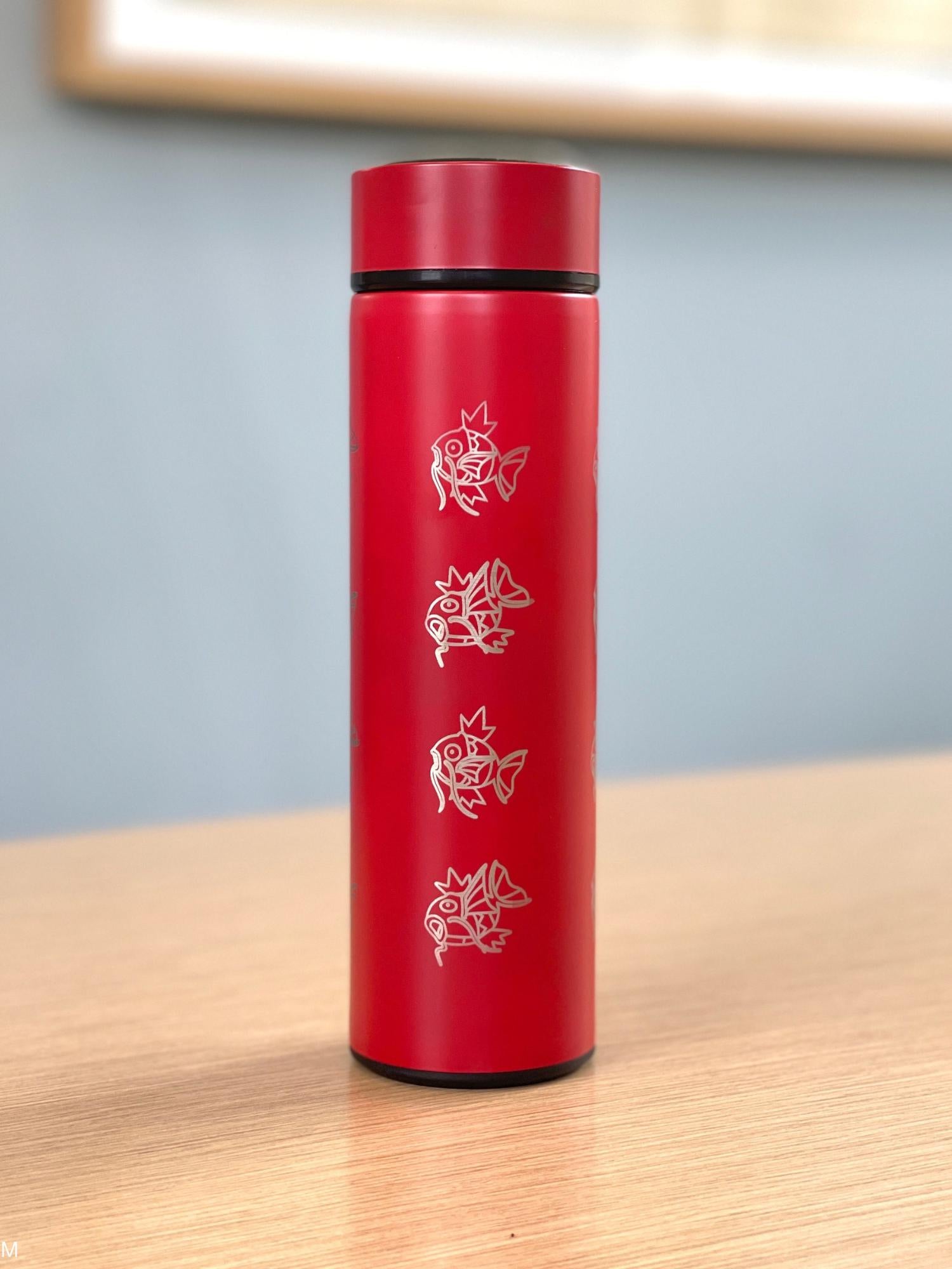 Magikarp Coffee Tumbler, Engraved Water Bottle with Tea Infuser, Cute Meme Waterbottle Travel Mug Thermos Flask, Anime Fan Birthday Gift