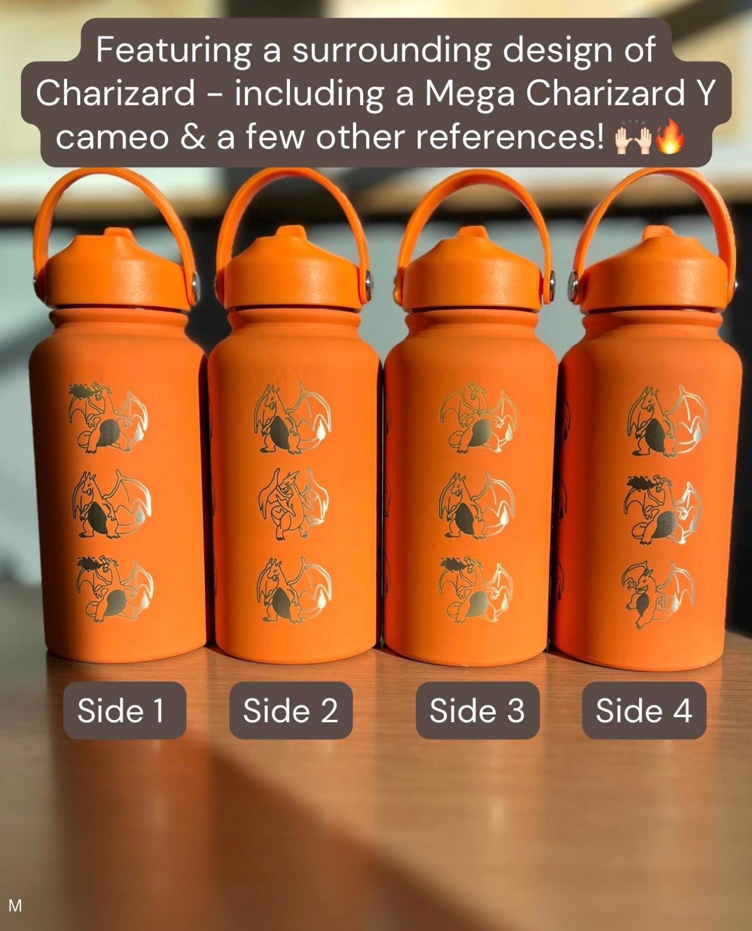 Charizard Water Bottle Engraved Straw Waterbottle with Mega Charizard Y, Kanto Starter Coffee Tumbler Thermos Flask, Gamer Anniversary Gift