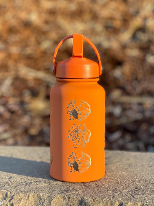 Charizard Water Bottle Engraved Straw Waterbottle with Mega Charizard Y, Kanto Starter Coffee Tumbler Thermos Flask, Gamer Anniversary Gift