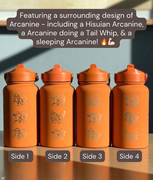 Arcanine Straw Water Bottle with Hisuian Arcanine Engraved Coffee Tumbler Gamer Waterbottle, Growlithe Fan Birthday Tea Flask Gift