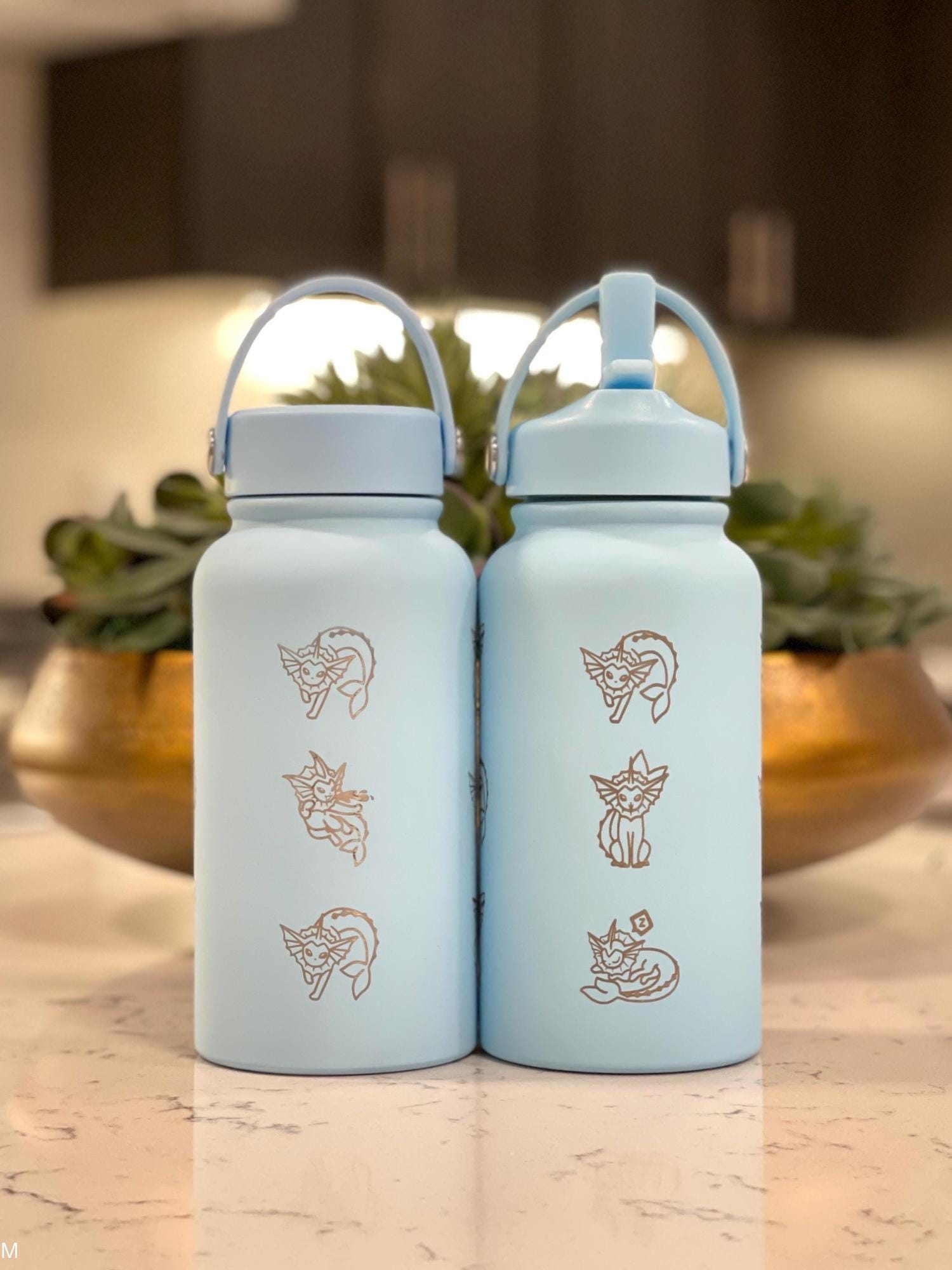 Vaporeon Water Bottle Coffee Tumbler with Sleeping Vaporeon, Water Gun & Cafe Top Hat Version, Eeveelution Fan Waterbottle Anniversary Gift