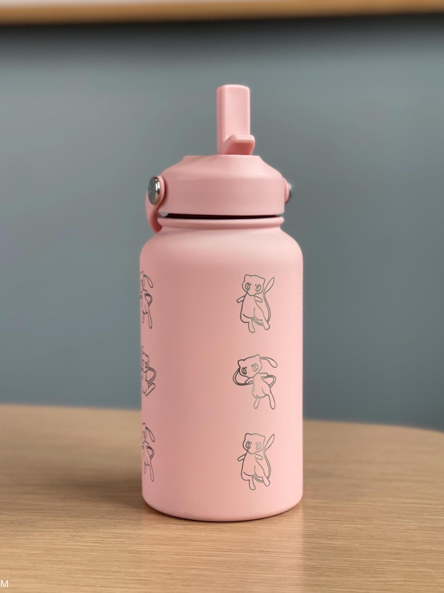 Mew Engraved Waterbottle Coffee Tumbler with Ash Ketchum Hat, Mythical Kanto Thermos Water Bottle Travel Mug Anniversary Birthday Gift